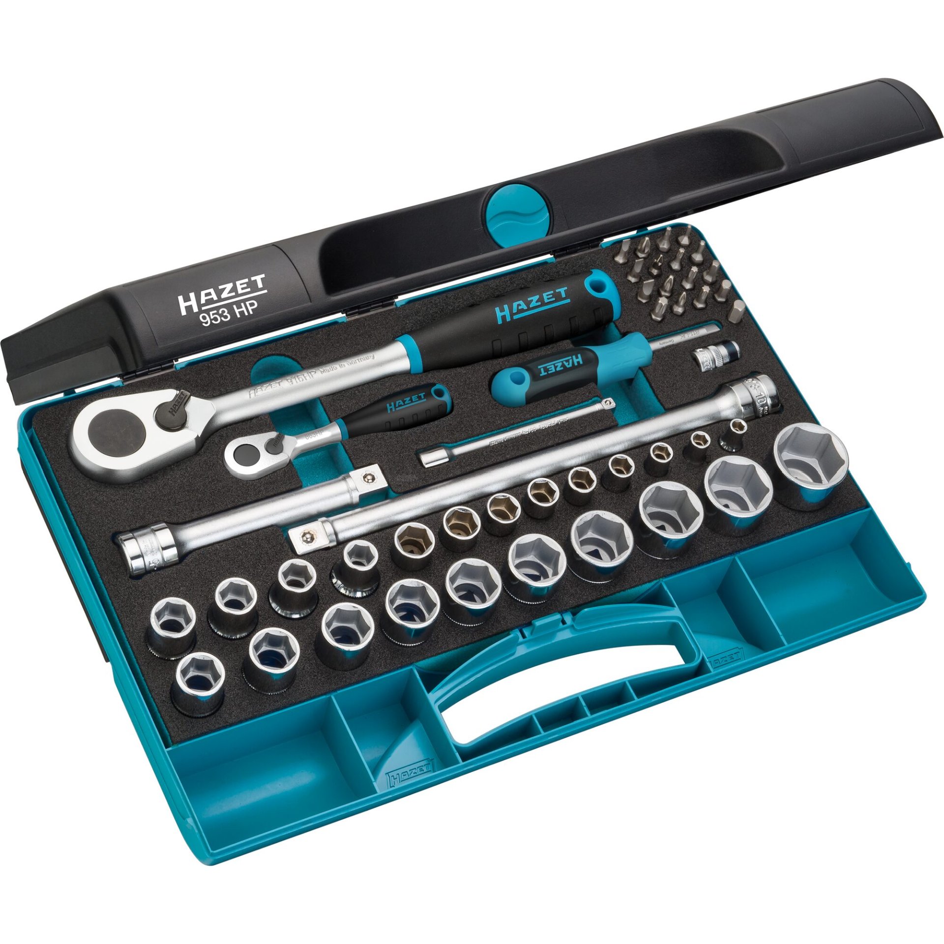 HAZET Steckschlüssel Satz 953HP ∙ 1/4 Zoll (6,3 mm) Vierkant hohl, 1/2 Zoll (12,5 mm) Vierkant hohl ∙ Außen Sechskant-Tractionsprofil, Pozidriv Profil PZ, Kreuzschlitz Profil PH, Innen Sechskant Profil, Innen TORX® Profil, Schlitz Profil ∙ 0,5 x 4 – 0,8 x 5,5 ∙ 2 – 27 ∙ PH1 – PH2 ∙ PZ1 – PZ2 ∙ T10 – T30 ∙ Anzahl Werkzeuge: 47