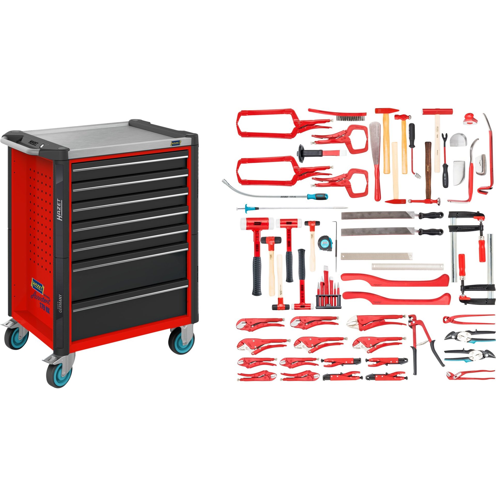 HAZET Werkstattwagen Assistent ∙ mit Sortiment 179NX-7/65ALU ∙ 785 mm x 518 mm x 1020 mm ∙ Schubladen, flach: 5× 81 x 522 x 398 mm ∙ Schubladen, hoch: 2× 166 x 522 x 398 mm ∙ Anzahl Werkzeuge: 65