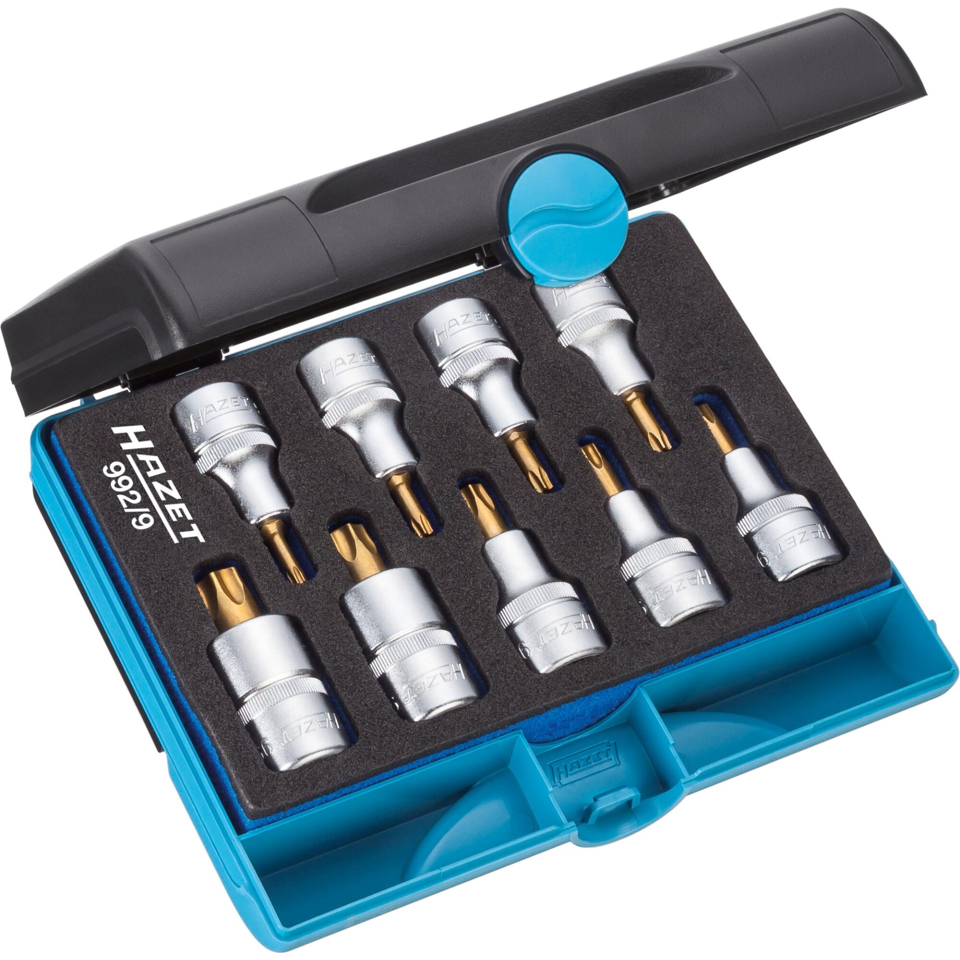 HAZET Schraubendreher-Steckschlüsseleinsatz Satz ∙ TORX® 992/9 ∙ 1/2 Zoll (12,5 mm) Vierkant hohl ∙ Innen TORX® Profil ∙ T20 – T60 ∙ Anzahl Werkzeuge: 9