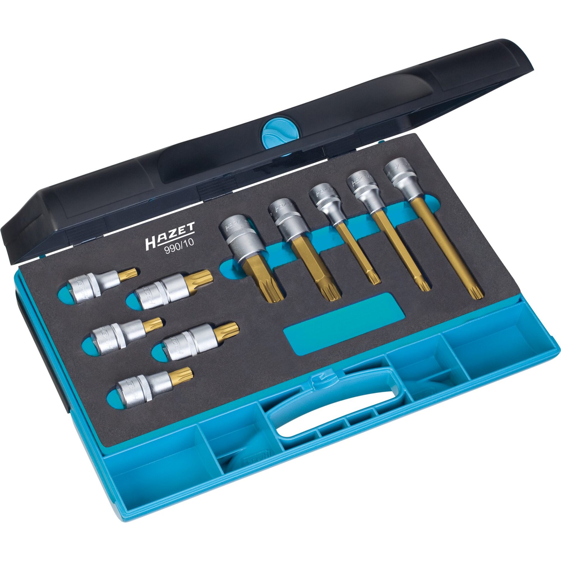 HAZET Schraubendreher-Steckschlüsseleinsatz Satz 990/10 ∙ 1/2 Zoll (12,5 mm) Vierkant hohl ∙ Innen Vielzahn Profil XZN ∙ M8 – M18 ∙ Anzahl Werkzeuge: 10