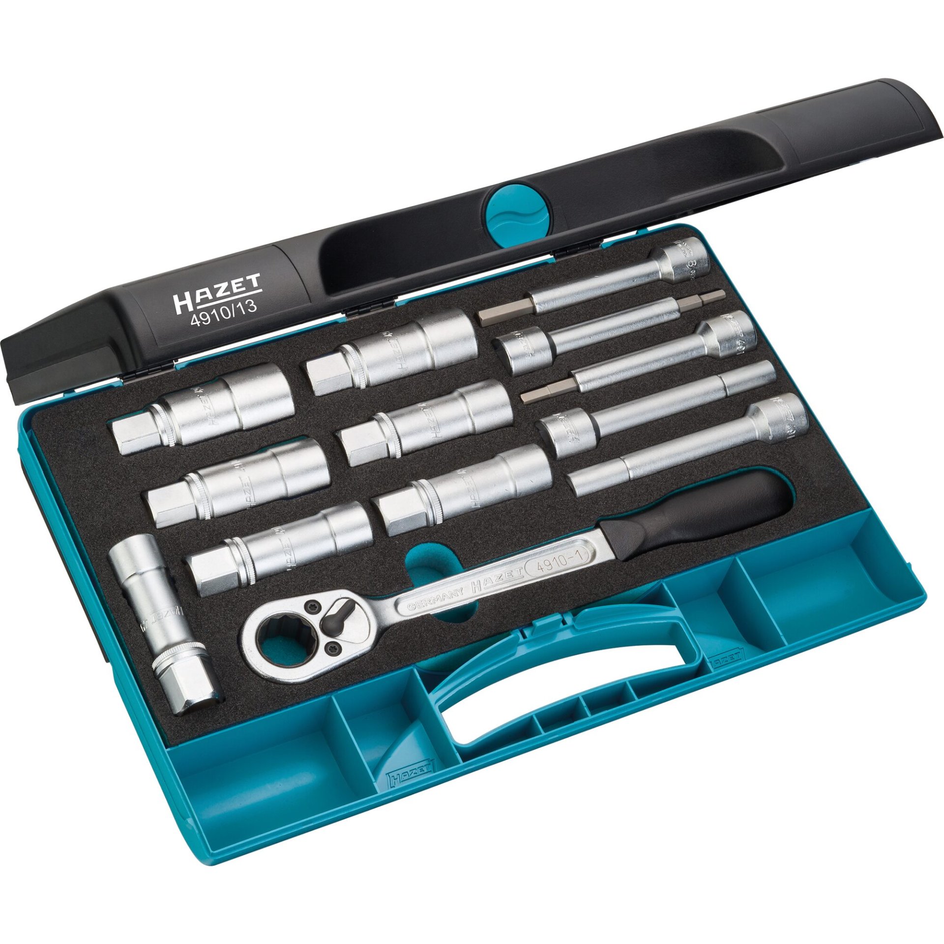 HAZET Shock absorber tool set 4910/13 ∙ 1/2 inch (12.5 mm) square, hollow ∙ Inside hexagon profile, Pin profile, hollow, Outside hexagon profile ∙ 355 mm x 235 mm x 65 mm ∙ Number of tools: 13