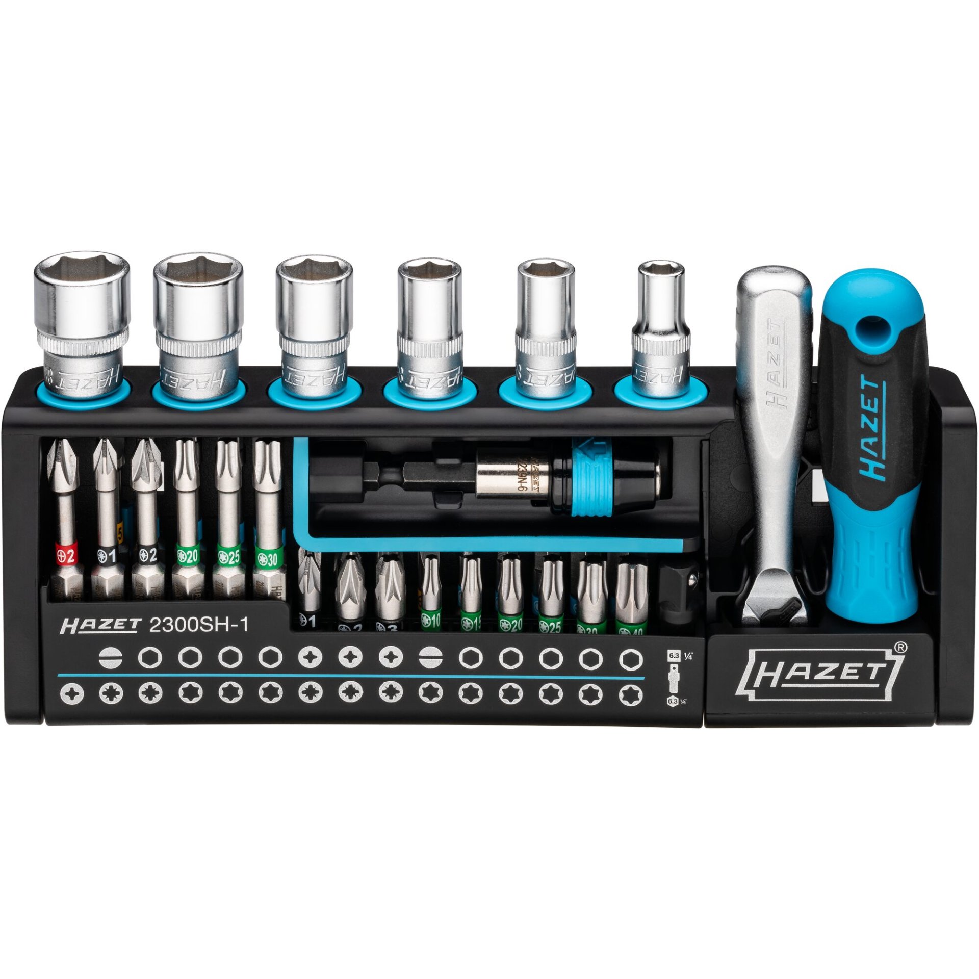 HAZET SmartHolder Werkzeug-Halter 2300SH-1 ∙ 1/4 Zoll (6,3 mm) Sechskant massiv, 1/4 Zoll (6,3 mm) Vierkant hohl ∙ Schlitz Profil, Kreuzschlitz Profil PH, Pozidriv Profil PZ, Innen Sechskant Profil, Innen TORX® Profil, Außen Sechskant-Tractionsprofil ∙ 0,6 x 4,5 – 0,8 x 5,5 ∙ 3 – 13 ∙ PH1 – PH3 ∙ PZ1 – PZ3 ∙ T10 – T40 ∙ Anzahl Werkzeuge: 39