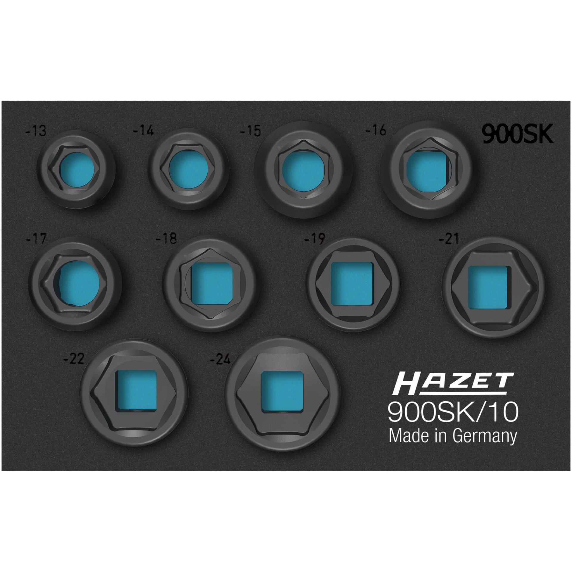 HAZET Impact socket set 900SK/10 ∙ 1/2 inch (12.5 mm) square, hollow ∙ Outside hexagon traction profile ∙ 13 – 24 ∙ Number of tools: 10