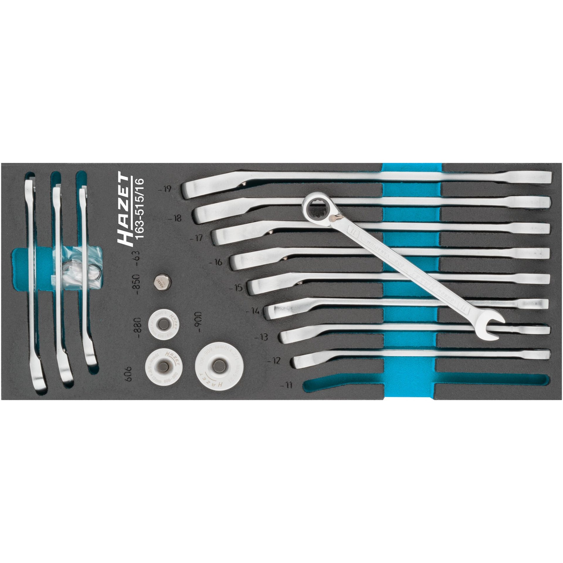 HAZET Ratcheting combination wrench set 163-515/16 ∙ Outside 12-point traction profile ∙ 8 ∙ 9 ∙ 10 ∙ 11 ∙ 12 ∙ 13 ∙ 14 ∙ 15 ∙ 16 ∙ 17 ∙ 18 ∙ 19 ∙ Number of tools: 16