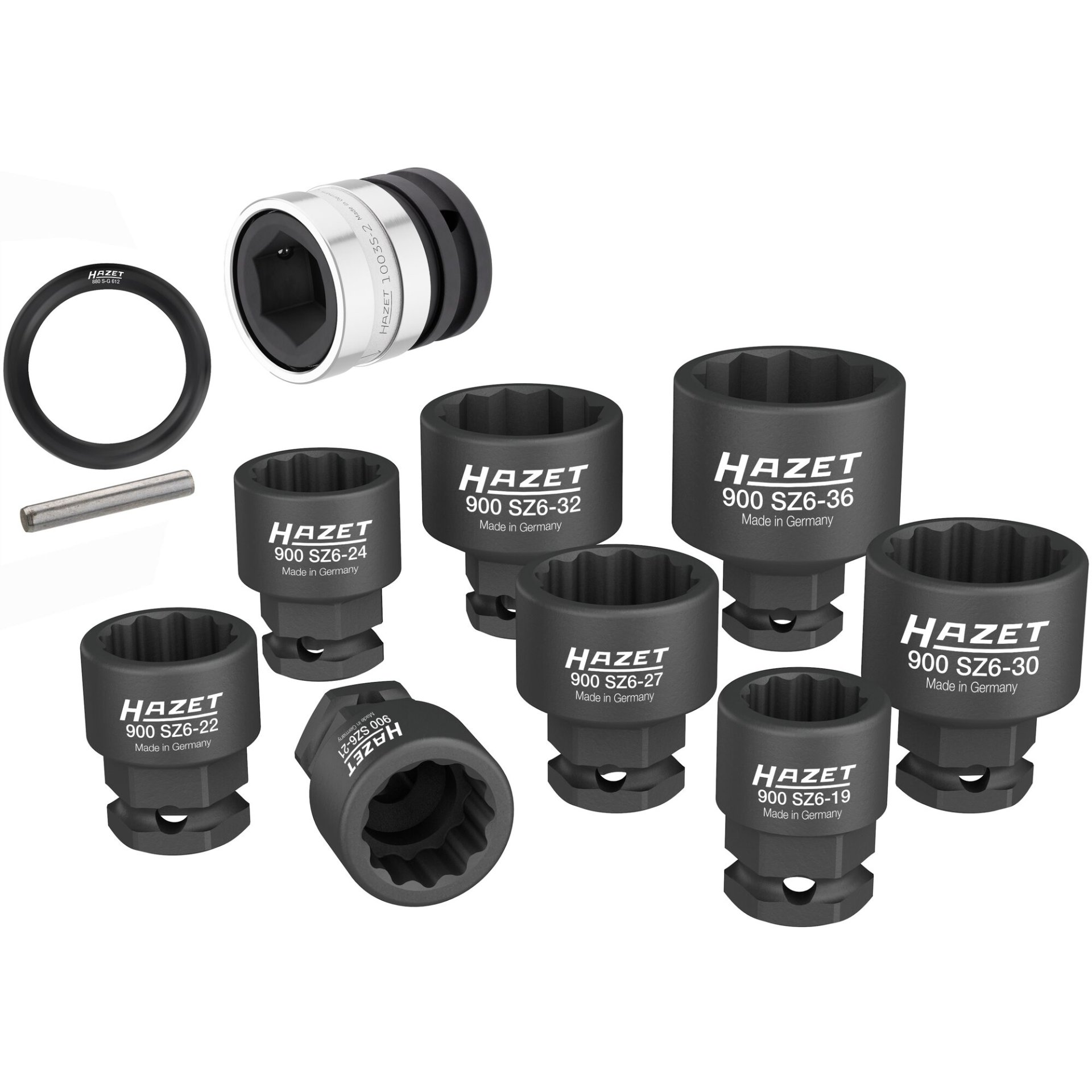 HAZET Schlag-, Maschinenschrauber Steckschlüsseleinsatz ∙ Doppelsechskant 900SZ6/11 ∙ 1/2 Zoll (12,5 mm) Vierkant hohl, 24 mm Außen-Sechskant ∙ Außen Doppelsechskant-Tractionsprofil ∙ 19 ∙ 21 ∙ 22 ∙ 24 ∙ 27 ∙ 30 ∙ 32 ∙ 36 ∙ Anzahl Werkzeuge: 11