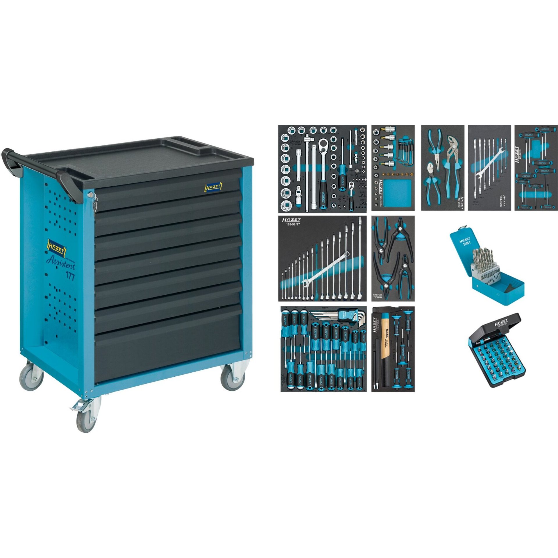 HAZET Carro de herramientas Carro de herramientas Assistent ∙ con surtido 177-7/217 ∙ 780 mm x 498 mm x 915 mm ∙ Cajones planos: 6× 79 x 527 x 348 mm ∙ Cajones altos: 1× 164 x 527 x 348 mm ∙ Número de herramientas: 217