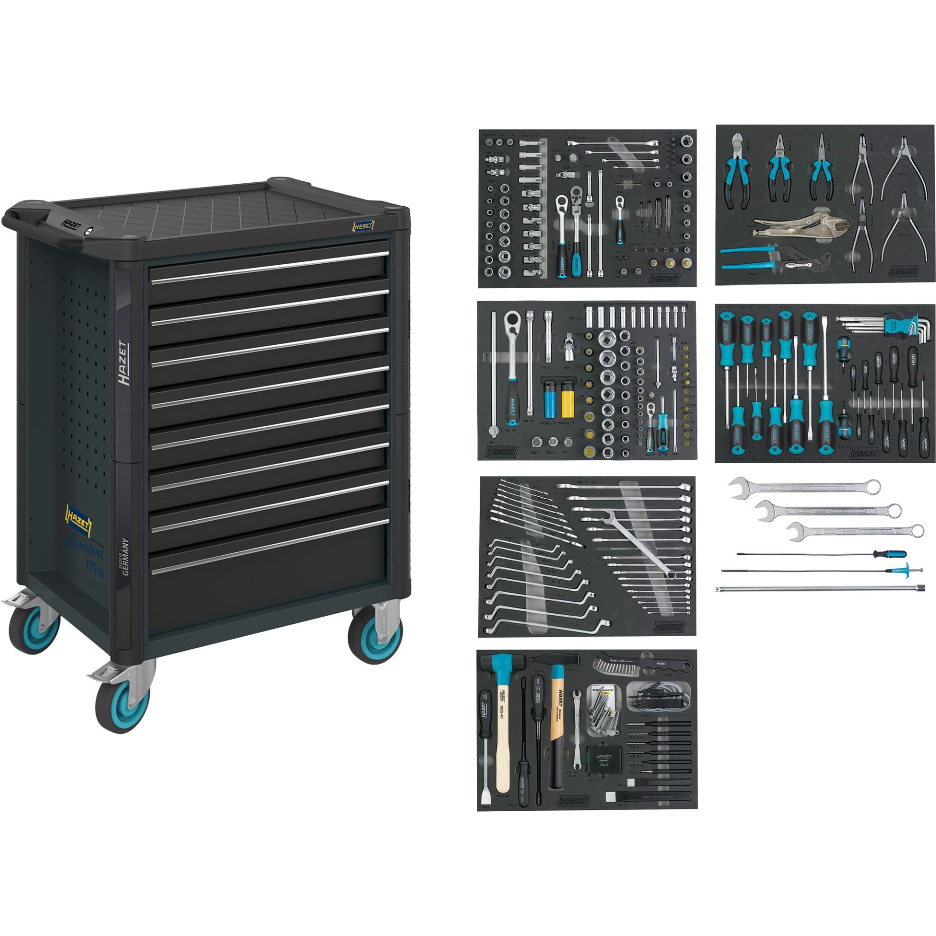 HAZET Werkstattwagen Assistent ∙ mit Sortiment 179NT-8-RAL7016/2 ∙ 785 mm x 518 mm x 1020 mm ∙ Schubladen, flach: 7× 81 x 522 x 398 mm ∙ Schubladen, hoch: 1× 166 x 522 x 398 mm ∙ Anzahl Werkzeuge: 264