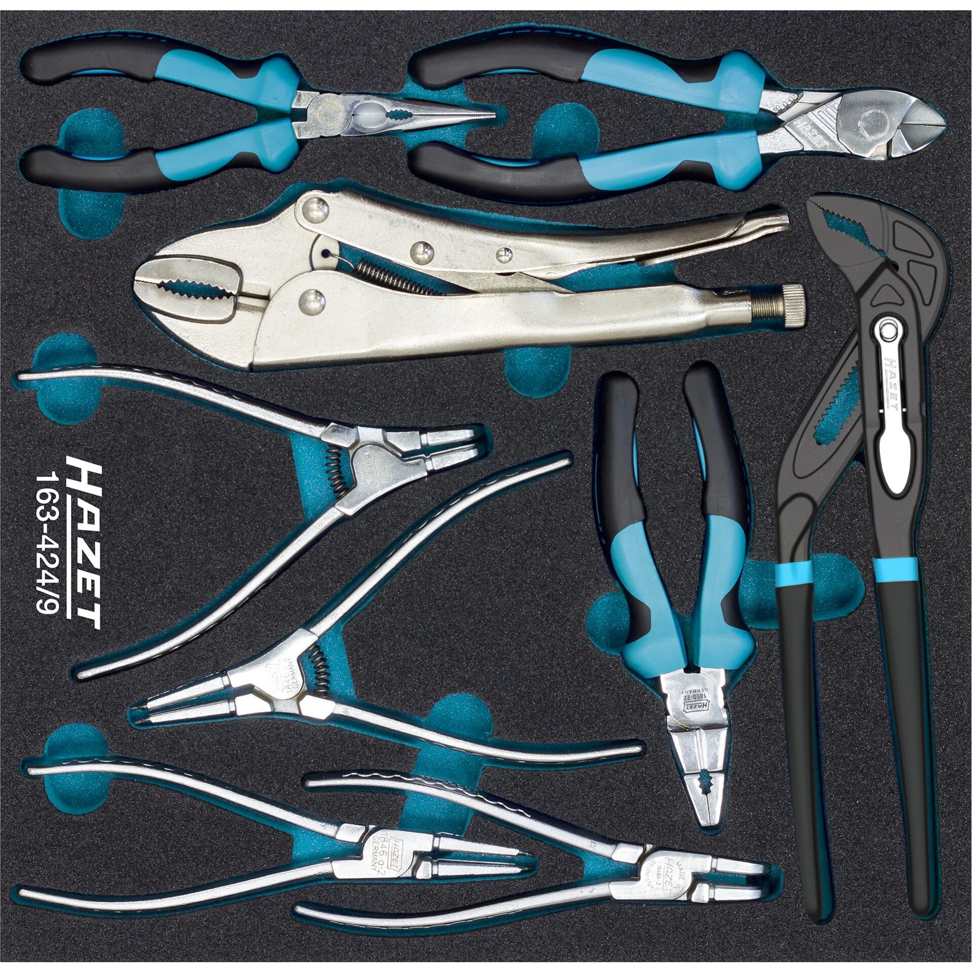 HAZET Jeu de pinces 163-424/9 ∙ 344 mm x 342 mm ∙ Nombre d'outils : 9
