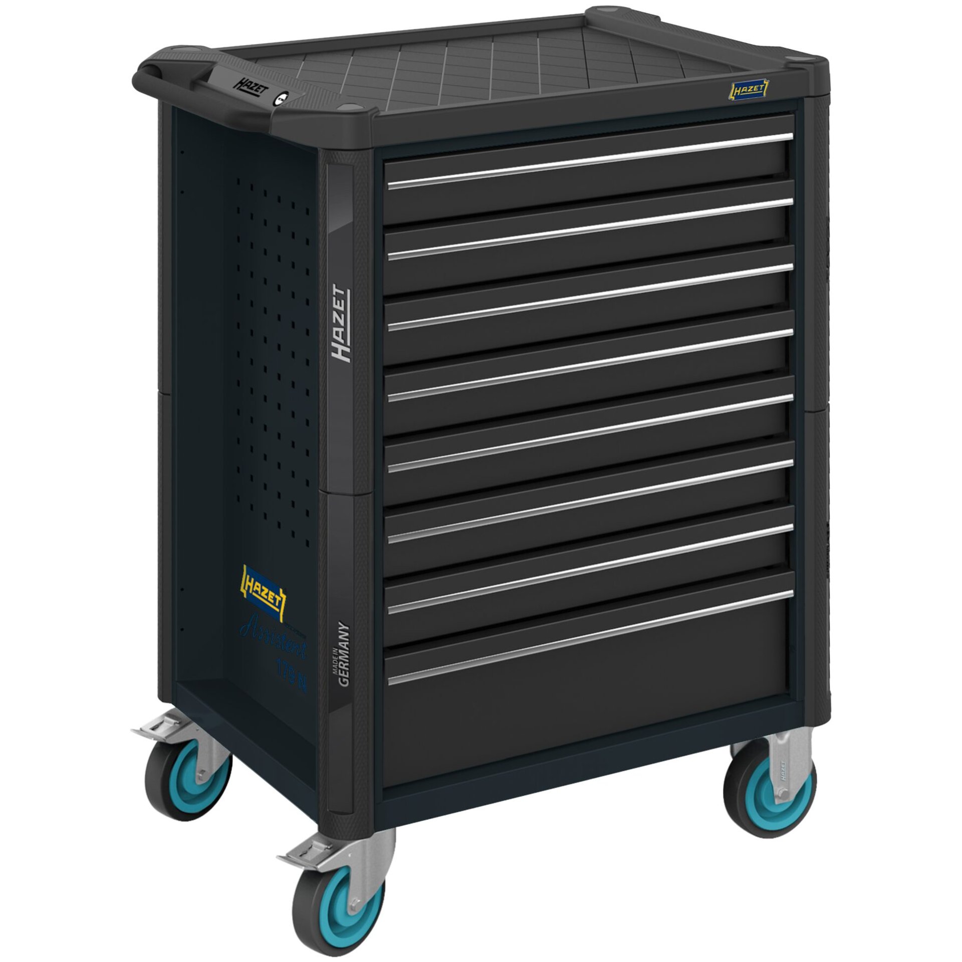 HAZET Werkstattwagen Assistent 179N-8-RAL7021 ∙ 785 mm x 518 mm x 1020 mm ∙ Schubladen, flach: 7× 81 x 522 x 398 mm ∙ Schubladen, hoch: 1× 166 x 522 x 398 mm