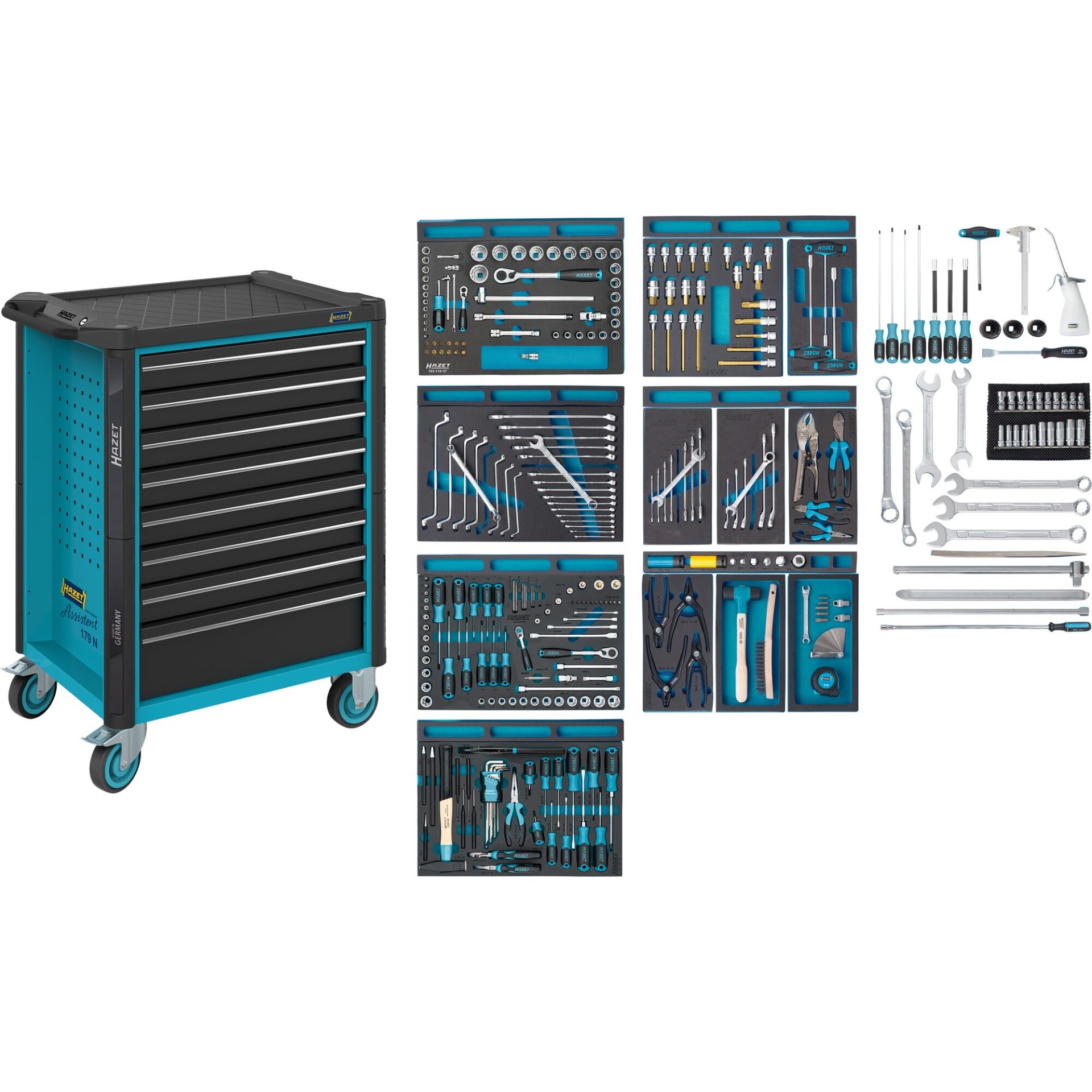 HAZET Werkstattwagen Assistent ∙ mit Sortiment 179N-8-2700/296 ∙ 785 mm x 518 mm x 1020 mm ∙ Schubladen, flach: 7× 81 x 522 x 398 mm ∙ Schubladen, hoch: 1× 166 x 522 x 398 mm ∙ Anzahl Werkzeuge: 296