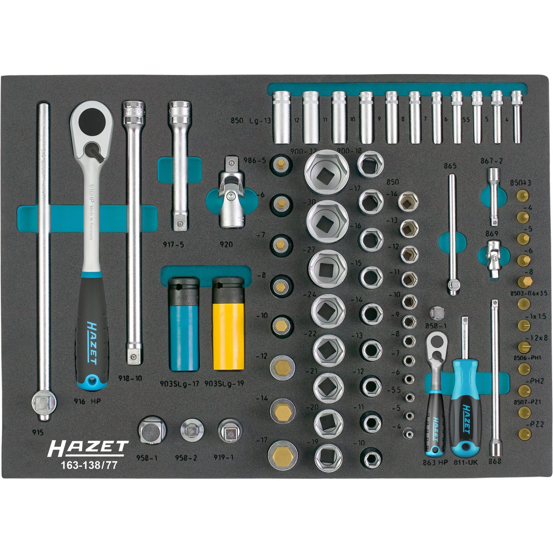 HAZET Jeu de clés à douilles 163-138/77 ∙ Carré creux 1/2 pouce (12,5 mm), Carré creux 1/4 pouce (6,3 mm) ∙ Profil Traction à 6 pans extérieurs, Profil à 6 pans intérieurs, Profil TORX® intérieur, Profil Phillips PH, Profil Pozidriv PZ, Profil à fente ∙ 0,6 x 3,5 – 1,2 x 8 ∙ 3 – 32 ∙ PH1 – PH2 ∙ PZ1 – PZ2 ∙ Nombre d'outils : 77