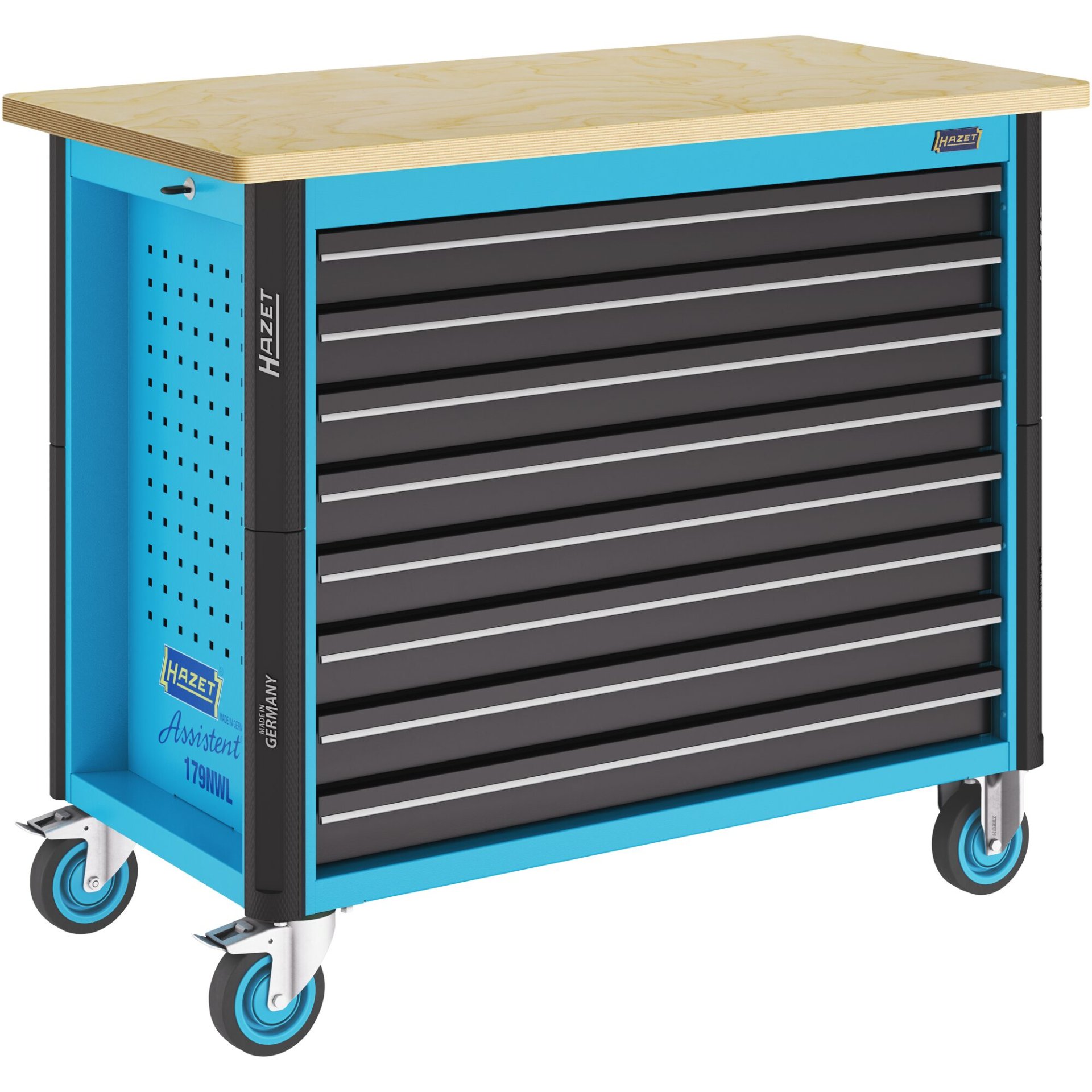 HAZET Fahrbare Werkbank Assistent 179NWL-8 ∙ L x B x H: 1150 mm x 600 mm x 965 mm ∙ Schubladen, flach: 8 x 81 x 870 x 398 mm