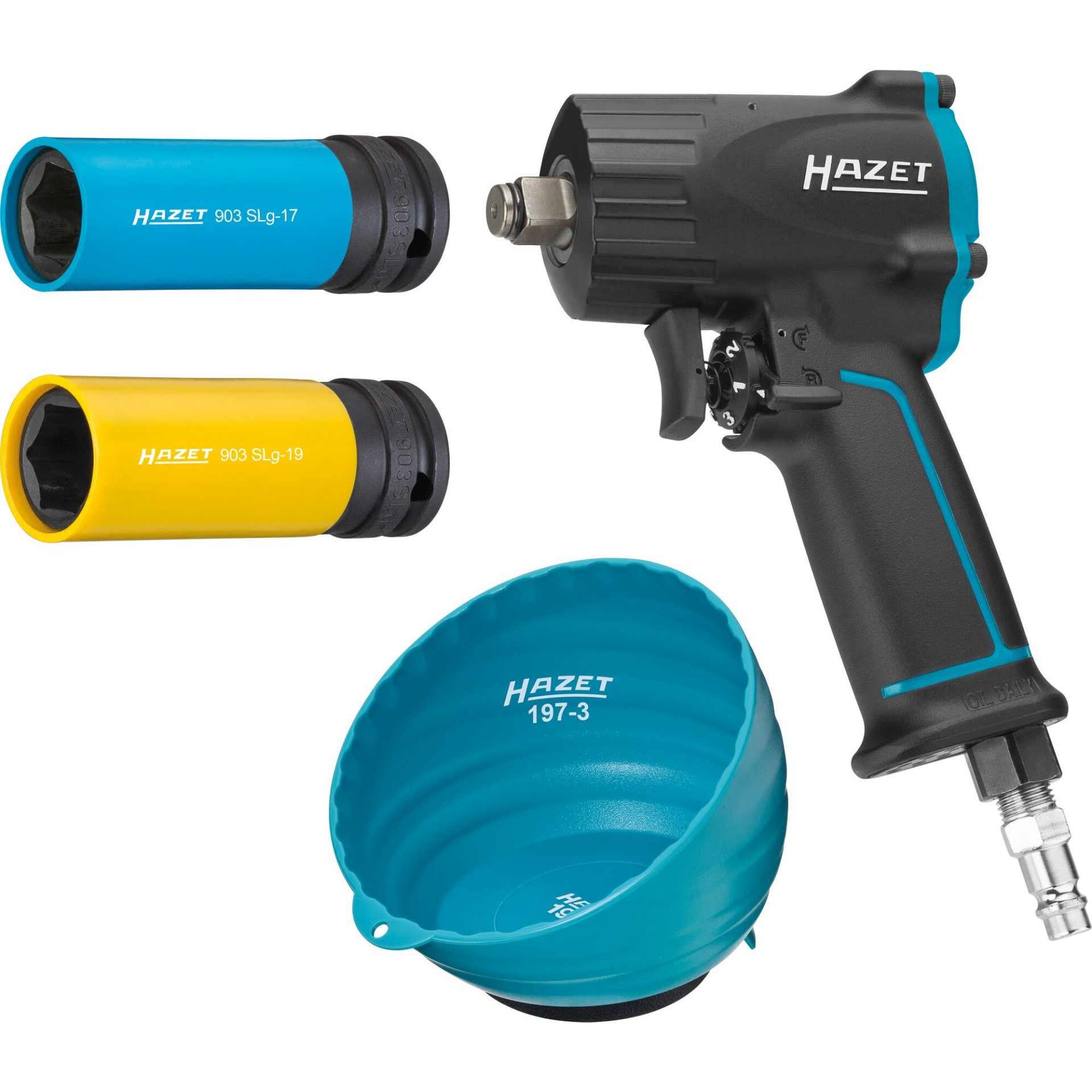 HAZET Impact wrench set 9012M/4 ∙ Loosening torque maximum [N m]: 1100 Nm ∙ 1/2 inch (12.5 mm) square, solid ∙ 17 ∙ 19 ∙ Single hammer striking mechanism ∙ Number of tools: 4