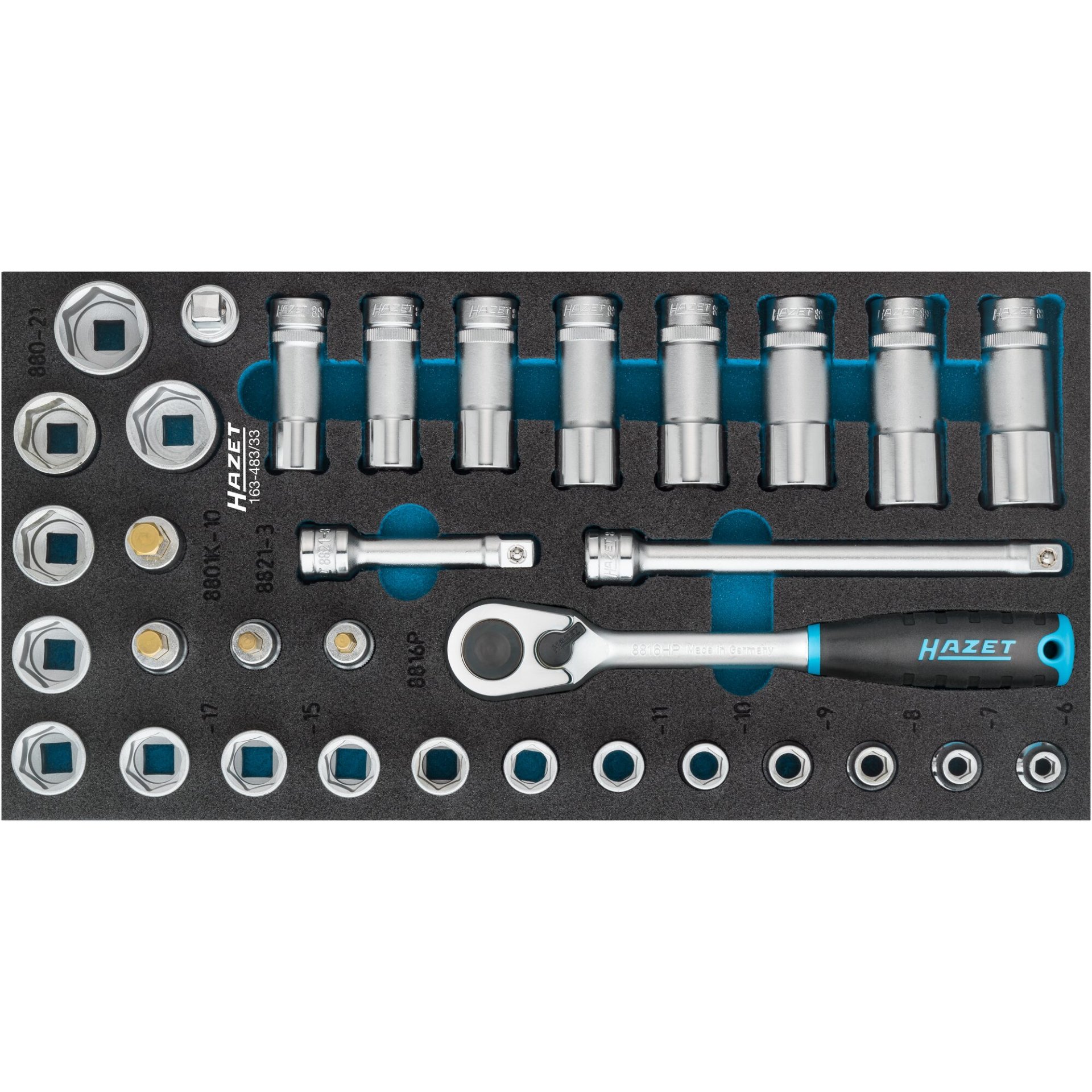 HAZET Jeu de douilles 163-483/33 ∙ Carré creux 3/8 pouce (10 mm) ∙ Profil Traction à 6 pans extérieurs, Profil à 6 pans intérieurs ∙ 5 – 22 ∙ Nombre d'outils : 33