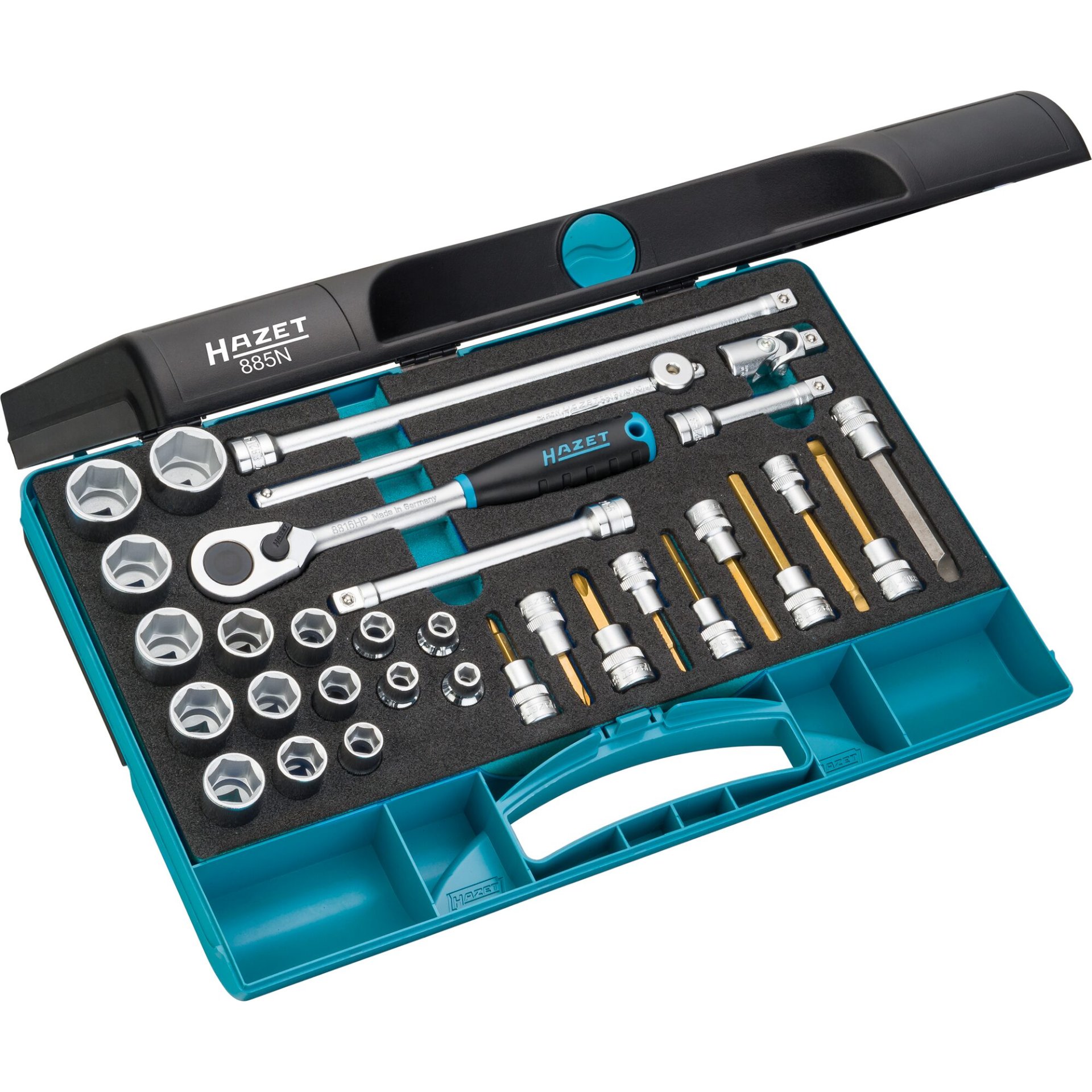 HAZET Socket set 885N ∙ 3/8 inch (10 mm) square, hollow ∙ Outside hexagon traction profile, Inside hexagon profile, Cross recess profile PH, Slot profile ∙ 1 x 5.5 – 1.6 x 10 ∙ 4 – 22 ∙ PH1 – PH3 ∙ Number of tools: 32