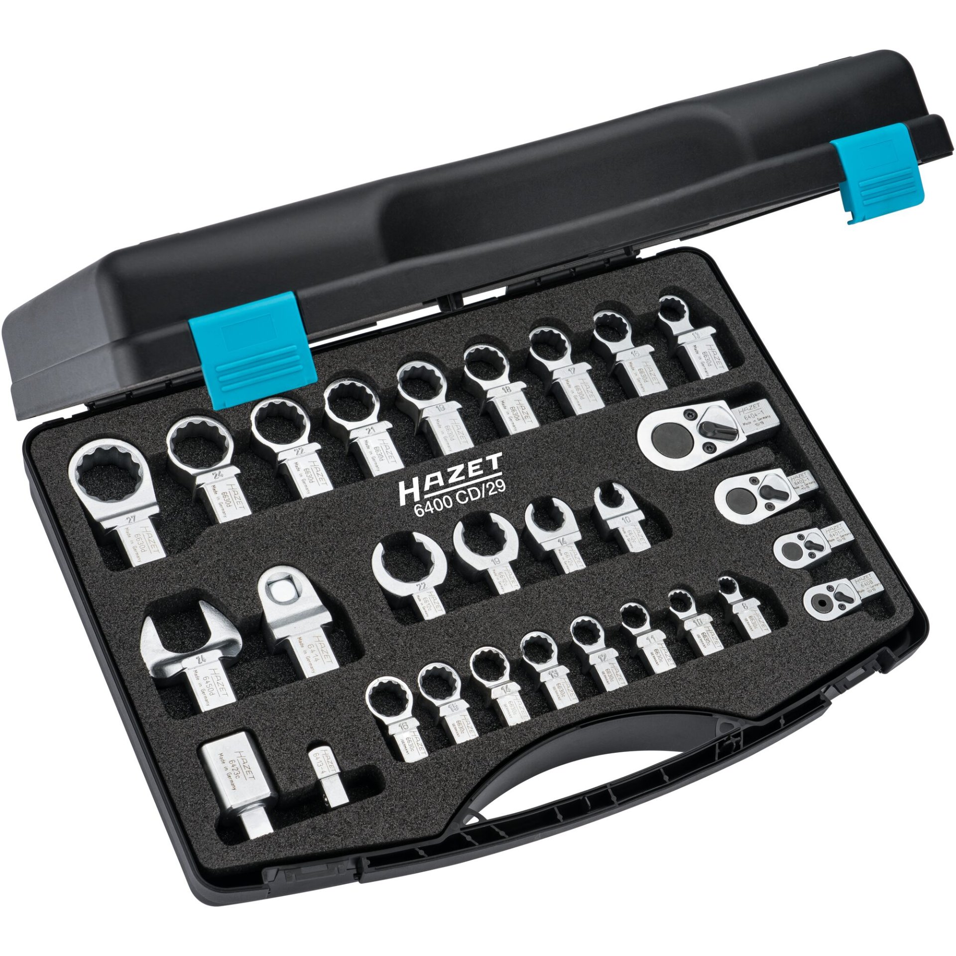 HAZET Insert tool set 6400CD/29 ∙ 14 x 18 mm insert square, 9 x 12 mm insert square ∙ Outside 12-point profile, Outside hexagon profile, 1/4 inch (6.3 mm) square, solid, 3/8 inch (10 mm) square, solid, 1/2 inch (12.5 mm) square, solid ∙ 8 – 27 ∙ Number of tools: 29