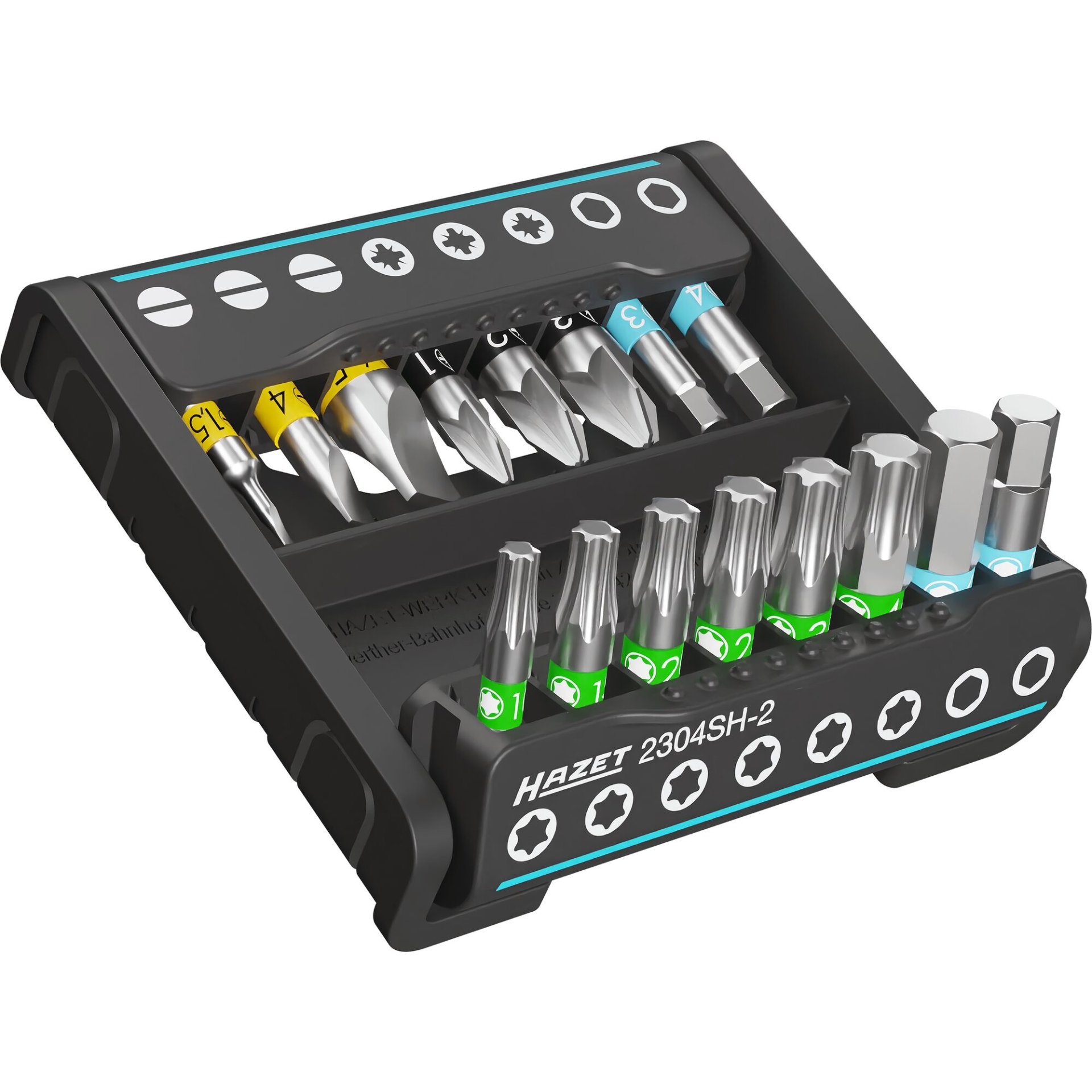 HAZET SmartHolder mit 16 Bits ∙ kurz 2304SH-2 ∙ 1/4 Zoll (6,3 mm) Sechskant massiv ∙ Schlitz Profil, Pozidriv Profil PZ, Innen TORX® Profil ∙ 0.4 x 1.5 – 1.2 x 6.5 mm ∙ PZ1 – PZ3 ∙ 3 – 6 mm ∙ T10 – T40 ∙ Anzahl Werkzeuge: 16