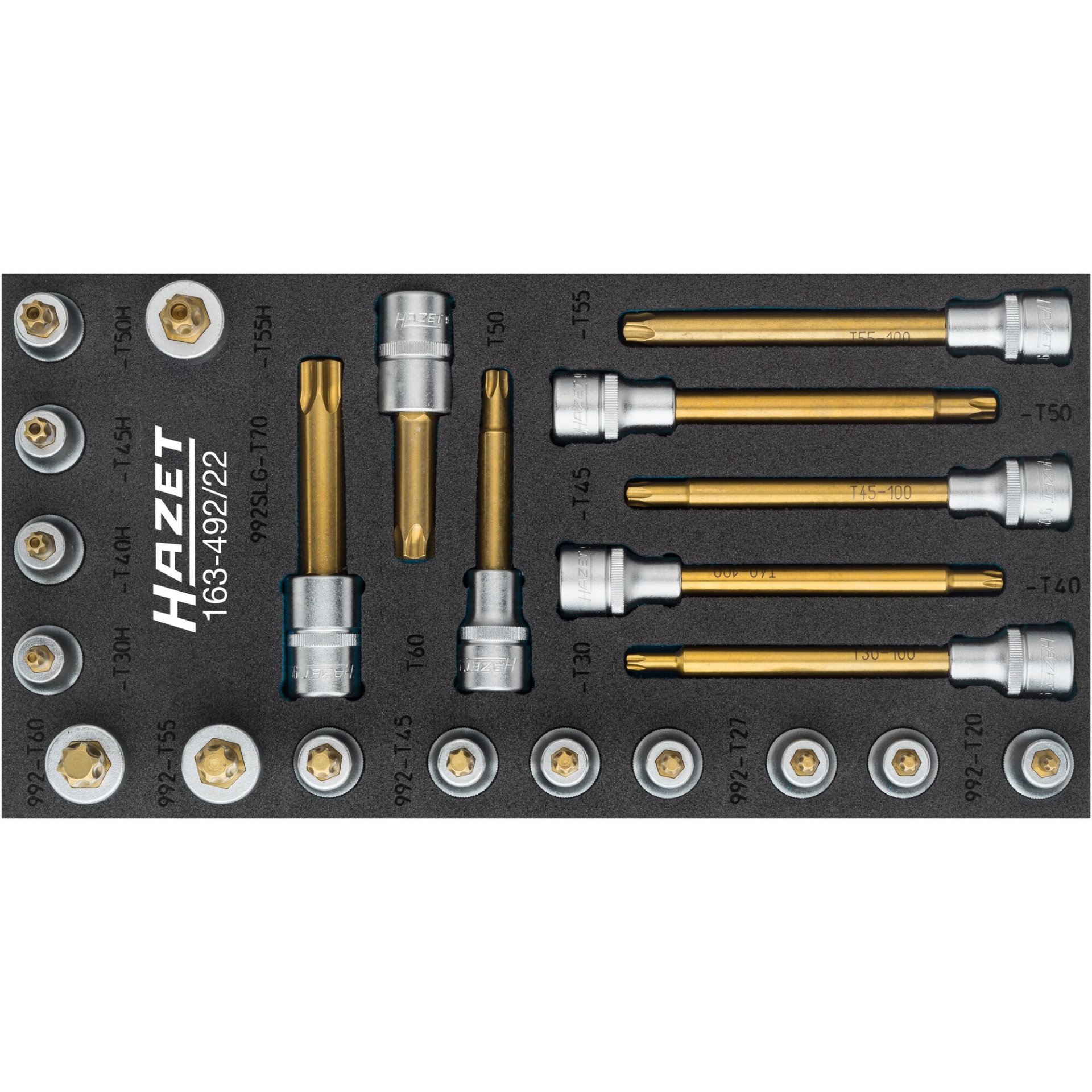 HAZET Jeu de douilles mâles ∙ TORX® 163-492/22 ∙ Carré creux 1/2 pouce (12,5 mm) ∙ Profil TORX® intérieur, Profil TORX® « tamper résistant » ∙ T20 – T70 ∙ Nombre d'outils : 22