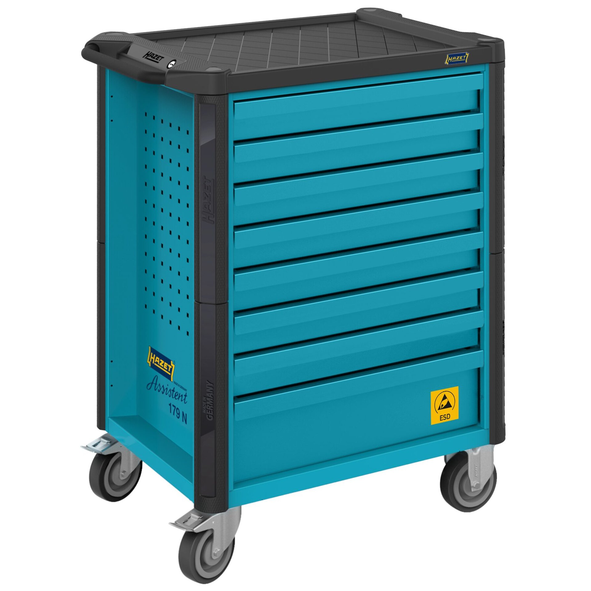 HAZET Werkstattwagen Assistent 179N-8ESD ∙ L x B x H: 785 mm x 518 mm x 1020 mm ∙ Schubladen, flach: 7× 81 x 522 x 398 mm ∙ Schubladen, hoch: 1× 166 x 522 x 398 mm
