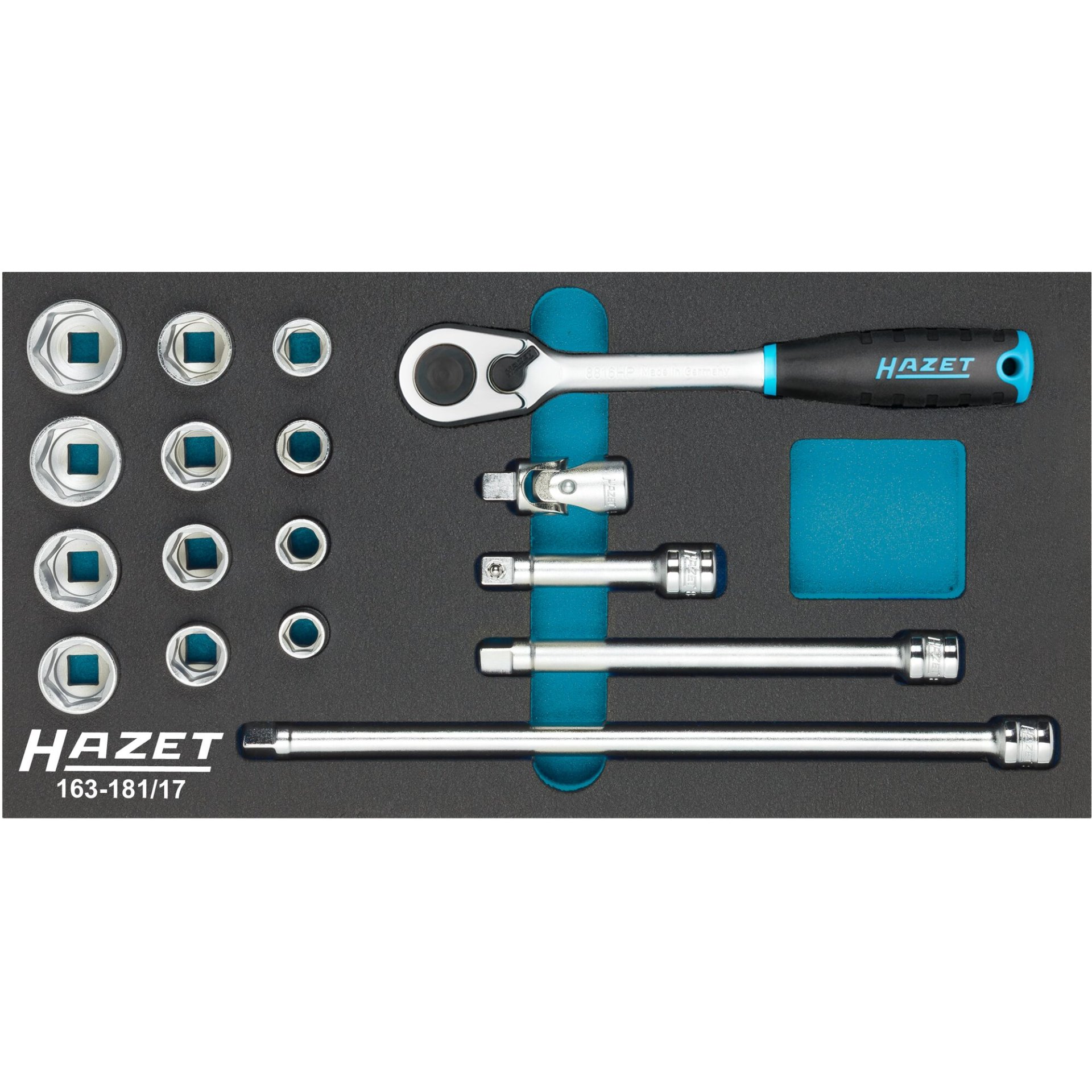 HAZET Socket set 163-181/17 ∙ 3/8 inch (10 mm) square, hollow ∙ Outside hexagon traction profile ∙ 10 ∙ 11 ∙ 12 ∙ 13 ∙ 14 ∙ 15 ∙ 16 ∙ 17 ∙ 18 ∙ 19 ∙ 21 ∙ 22 ∙ Number of tools: 17