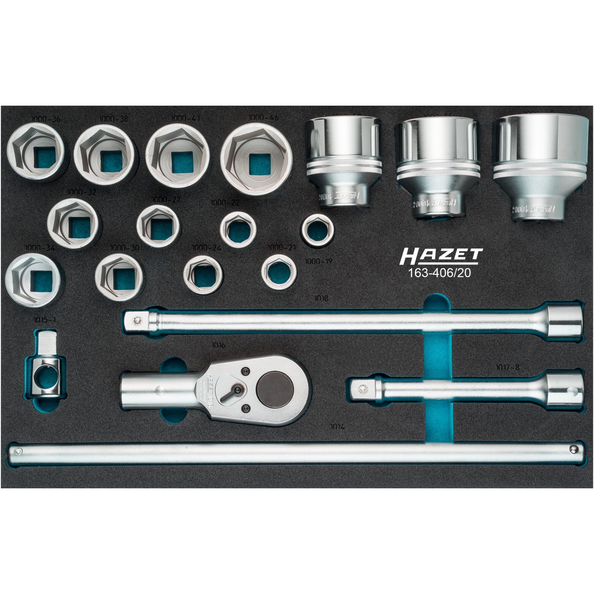 HAZET Jeu de clés à douilles 163-406/20 ∙ Carré creux 3/4 pouce (20 mm) ∙ Profil à 6 pans extérieurs ∙ 19 ∙ 21 ∙ 22 ∙ 24 ∙ 27 ∙ 30 ∙ 32 ∙ 34 ∙ 36 ∙ 38 ∙ 41 ∙ 46 ∙ 50 ∙ 55 ∙ 60 ∙ Nombre d'outils : 20