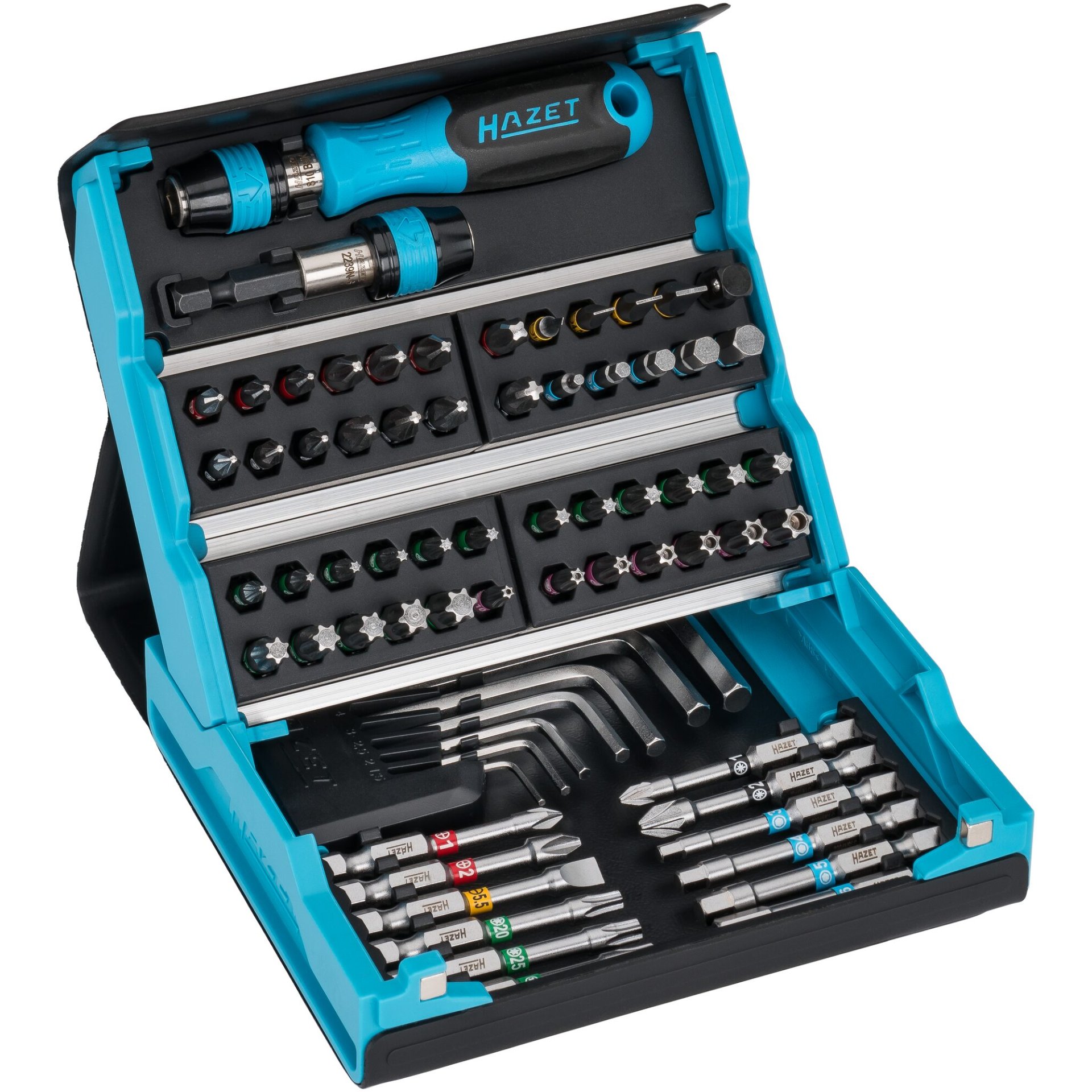 HAZET SmartCase Bit Satz 2200SC-1 ∙ 1/4 Zoll (6,3 mm) Sechskant massiv ∙ Schlitz Profil, Kreuzschlitz Profil PH, Pozidriv Profil PZ, Innen Sechskant Profil, Innen TORX® Profil, Tamper Resistant TORX® Profil ∙ 1,5 – 6 ∙ 0,5 x 4 – 1,2 x 6,5 ∙ PH1 – PH3 ∙ PZ1 – PZ3 ∙ T6 – T40 ∙ Anzahl Werkzeuge: 69
