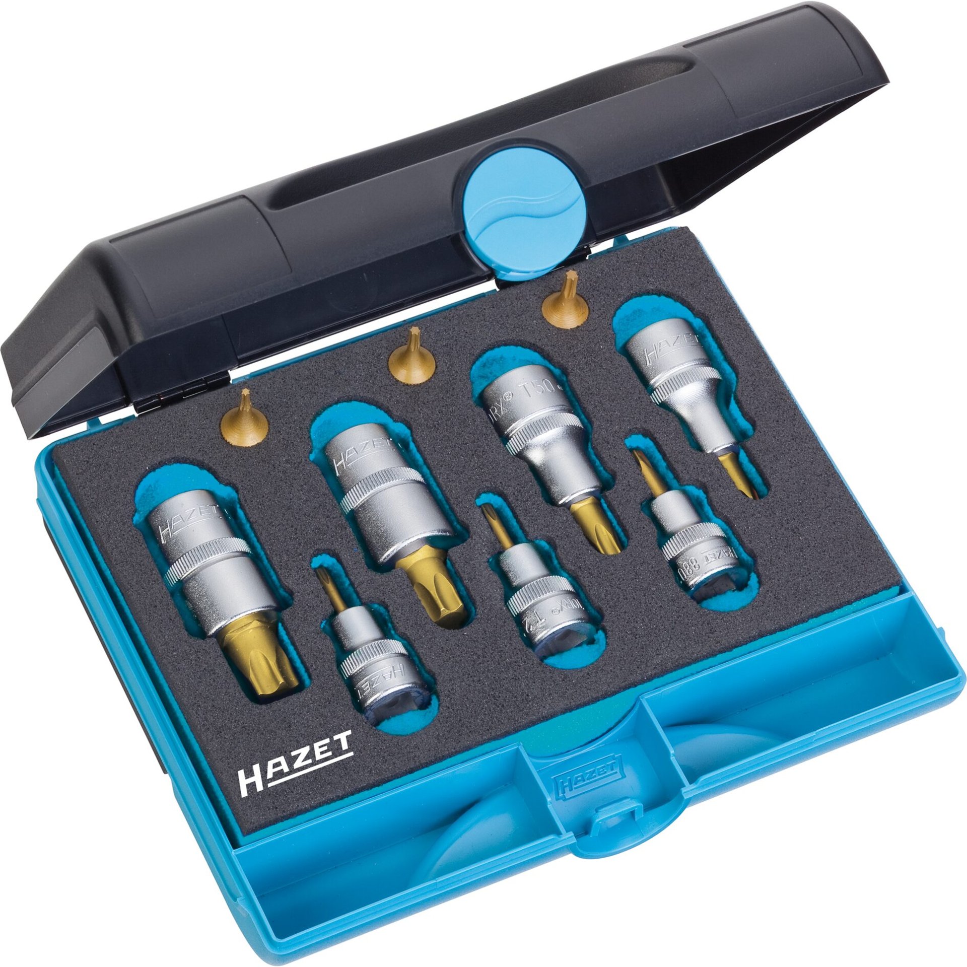 HAZET Tool set ∙ TORX® 1557/10 ∙ 1/4 inch (6.3 mm) square, hollow, 3/8 inch (10 mm) square, hollow, 1/2 inch (12.5 mm) square, hollow ∙ Inside TORX® profile ∙ T8 ∙ T10 ∙ T15 ∙ T20 ∙ T25 ∙ T30 ∙ T40 ∙ T50 ∙ T55 ∙ T60 ∙ Number of tools: 10