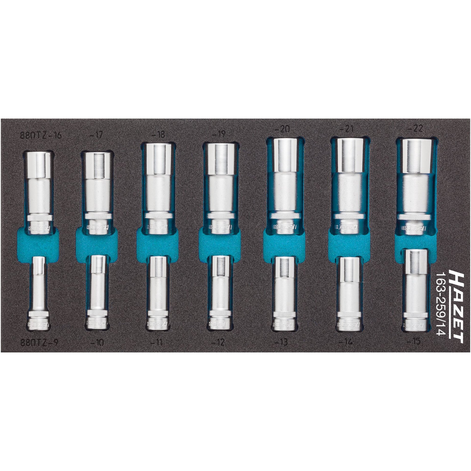 HAZET Socket set 163-259/14 ∙ 3/8 inch (10 mm) square, hollow ∙ Outside 12-point traction profile ∙ 9 ∙ 10 ∙ 11 ∙ 12 ∙ 13 ∙ 14 ∙ 15 ∙ 16 ∙ 17 ∙ 18 ∙ 19 ∙ 20 ∙ 21 ∙ 22 ∙ Number of tools: 14