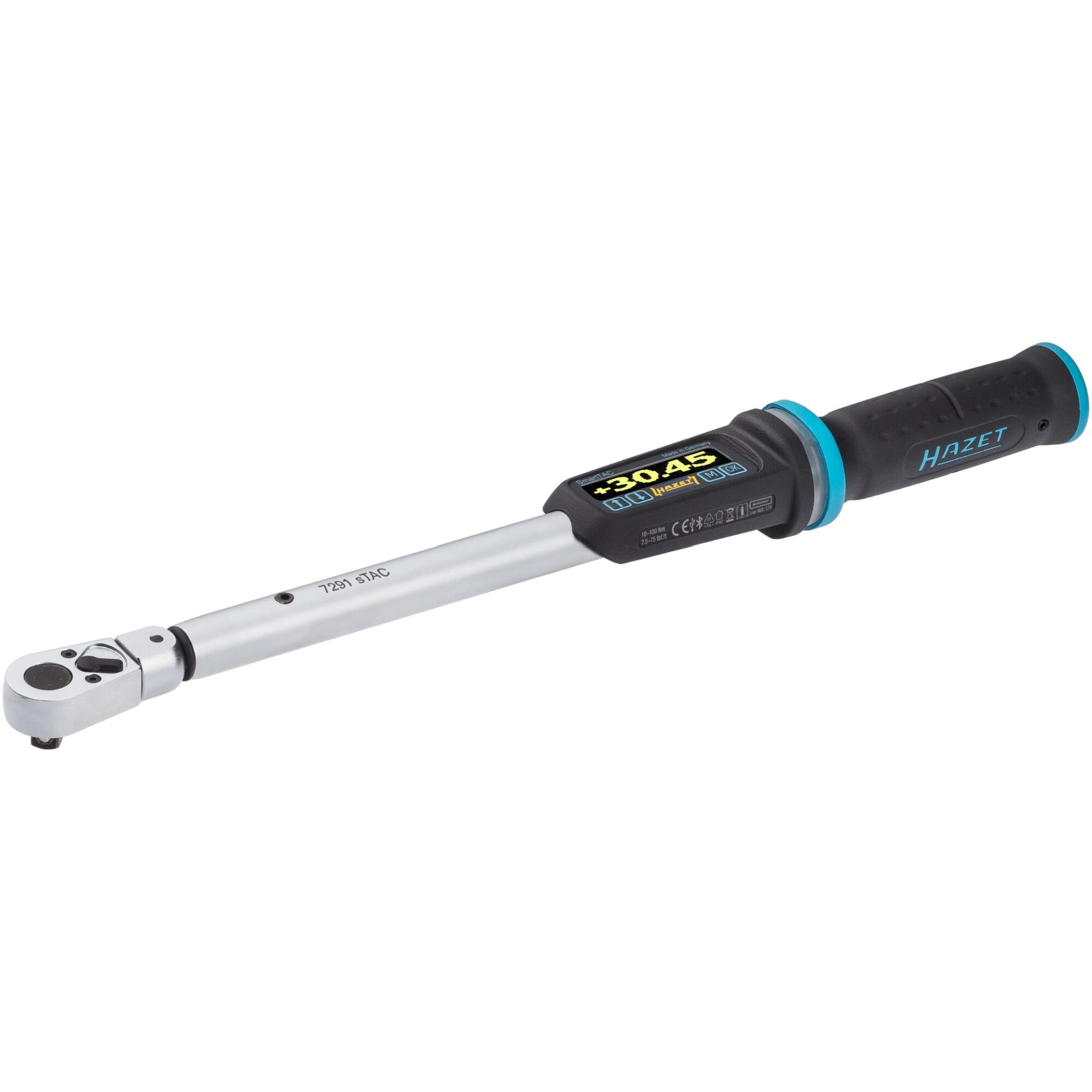 HAZET Elektronischer Drehmoment- und Drehwinkelschlüssel 7291-5STAC ∙ Drehmomentbereich min-max: 10 – 100 Nm ∙ lbf min-max: 7.5 – 75 lbf.ft  ∙ Genauigkeit: 1% ∙ 9 x 12 mm Einsteck-Vierkant hohl, 3/8 Zoll (10 mm) Vierkant massiv ∙ Länge: 383 mm