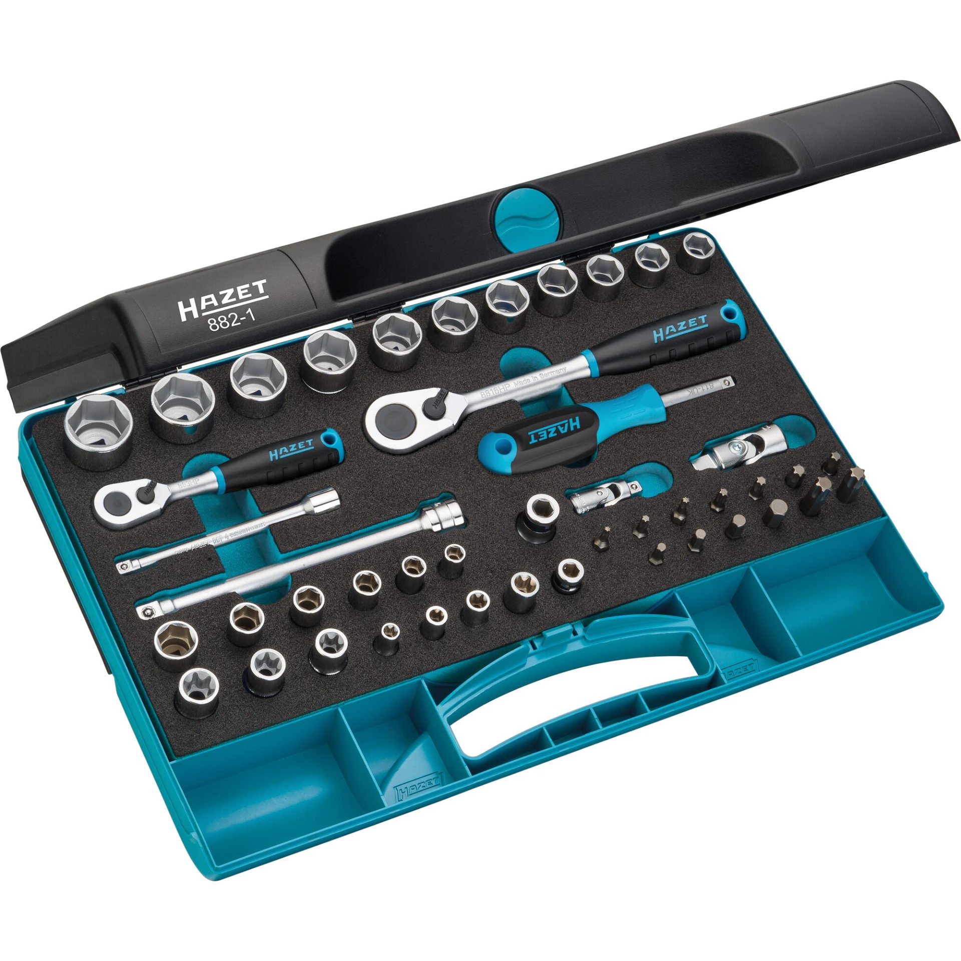 HAZET Socket set 882-1 ∙ 3/8 inch (10 mm) square, hollow, 1/4 inch (6.3 mm) square, hollow, 1/4 inch (6.3 mm) hexagon, solid, 5/16 inch (8 mm) hexagon, solid ∙ Outside hexagon traction profile, Inside hexagon profile, Inside TORX® profile, Outside TORX® profile ∙ 4 – 22 ∙ E6 – E14 ∙ T10 – T50 ∙ Number of tools: 46