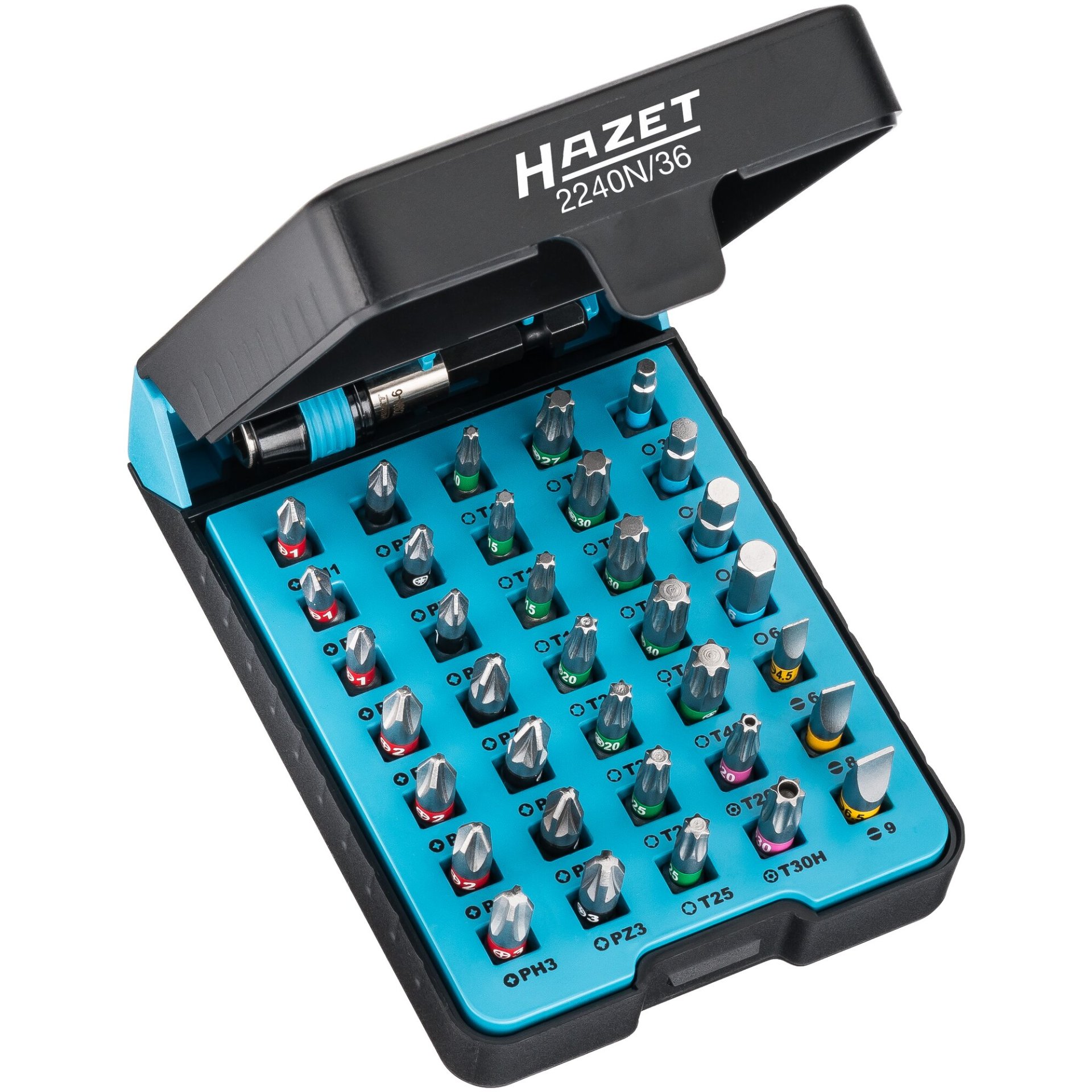 HAZET Jeu d'embouts-tournevis (bits) 2240N/36 ∙ Hexagone massif 1/4 pouce (6,3 mm) ∙ Profil Pozidriv PZ, Profil Phillips PH, Profil TORX® « tamper résistant », Profil à 6 pans intérieurs, Profil à fente, Profil TORX® intérieur ∙ 0,6 x 4,5 – 1 x 6 ∙ 3 – 6 ∙ PH1 – PH3 ∙ PZ1 – PZ3 ∙ T10 – T40 ∙ Nombre d'outils : 36