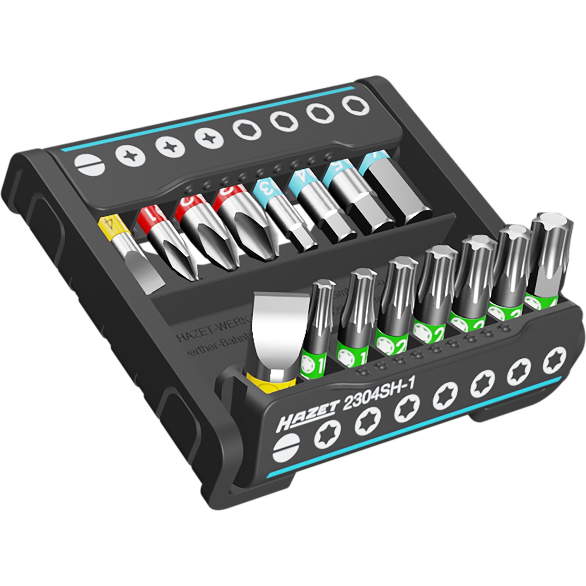 HAZET SmartHolder mit 16 Bits ∙ kurz 2304SH-1 ∙ 1/4 Zoll (6,3 mm) Sechskant massiv ∙ Schlitz Profil, Kreuzschlitz Profil PH, Innen Sechskant Profil, Innen TORX® Profil ∙ 0.5 x 4 ∙ 1.2 x 6.5 mm ∙ PH1 – PH3 ∙ 3 – 6 mm ∙ T10 – T40 ∙ Anzahl Werkzeuge: 16