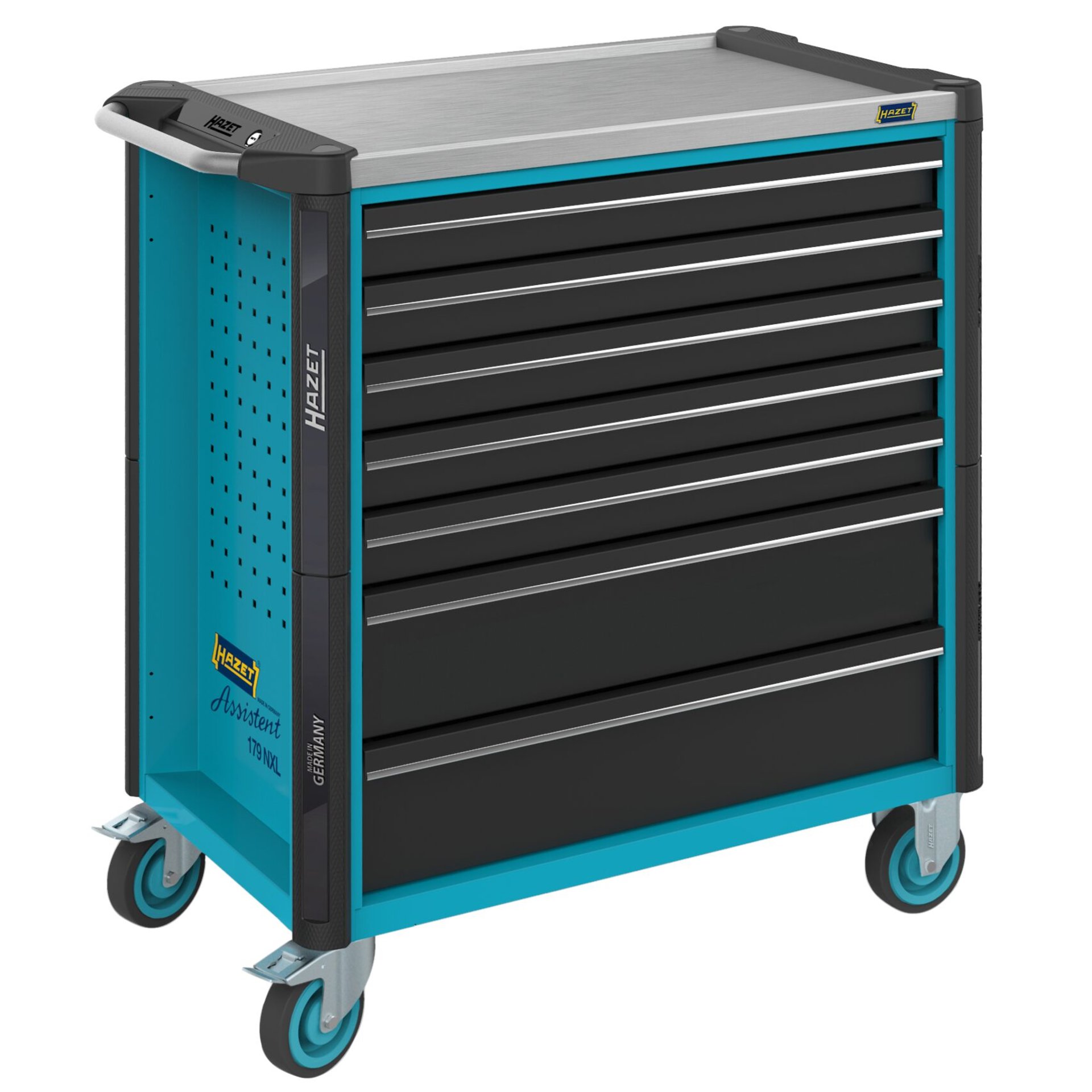 HAZET Werkstattwagen Assistent 179NXL ∙ einzeln 179NXL-7 ∙ L x B x H: 959 mm x 518 mm x 1020 mm ∙ Schubladen, flach: 5× 81 x 696 x 398 mm ∙ Schubladen, hoch: 2× 166 x 696 x 398 mm