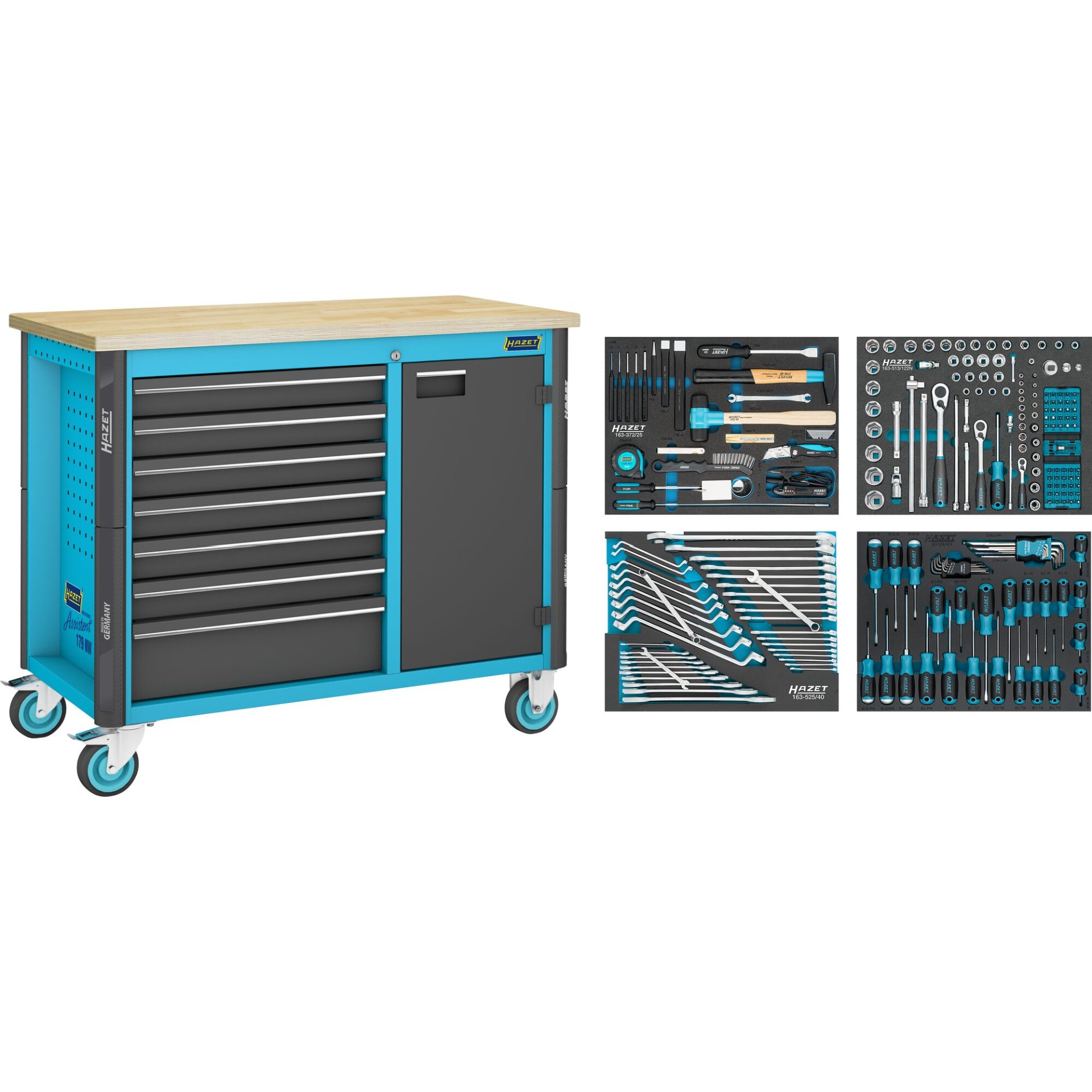 HAZET Werkbank ∙ fahrbar Assistent 179NW ∙ Sortiment 179NW-7/230 ∙ 230-teilig ∙ Schubladen, flach: 6 x 81 x 522 x 398 mm ∙ Schubladen, hoch: 1 x 166 x 522 x 398 mm