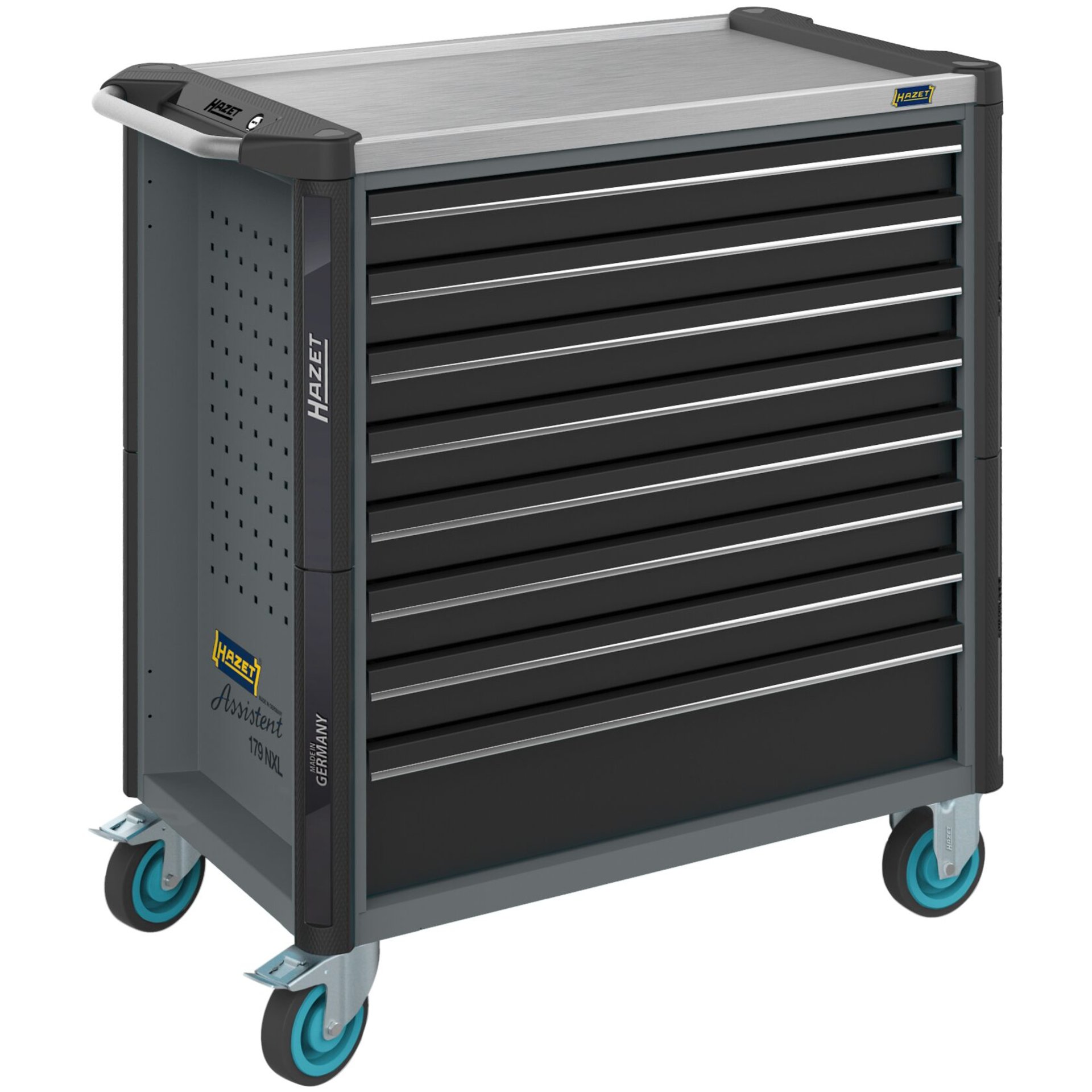 HAZET Werkstattwagen Assistent 179NXL-8-VW ∙ 959 mm x 518 mm x 1020 mm ∙ Schubladen, flach: 7× 81 x 696 x 398 mm ∙ Schubladen, hoch: 1× 166 x 696 x 398 mm
