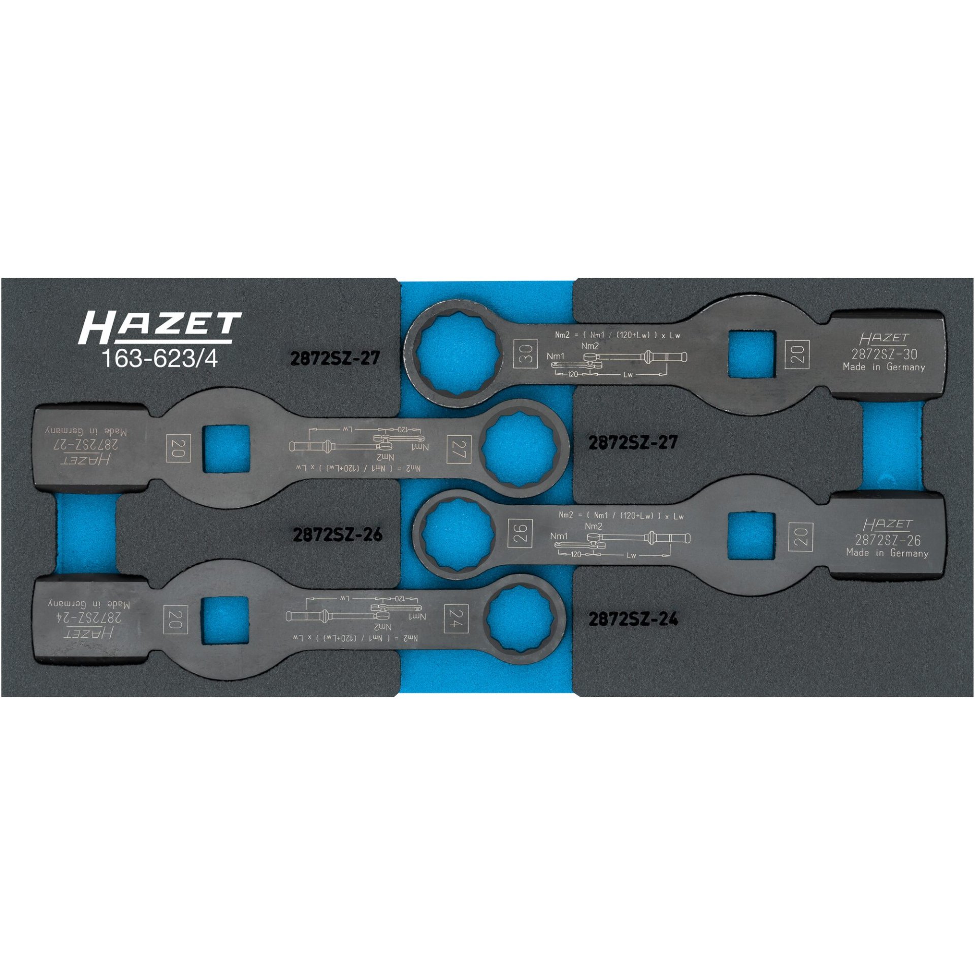 HAZET Schlag-Ringschlüssel-Satz 163-623/4 ∙ 3/4 Zoll (20 mm) Vierkant hohl ∙ Außenprofil Doppelsechskant ∙ 4-teilig ∙ 24 – 30