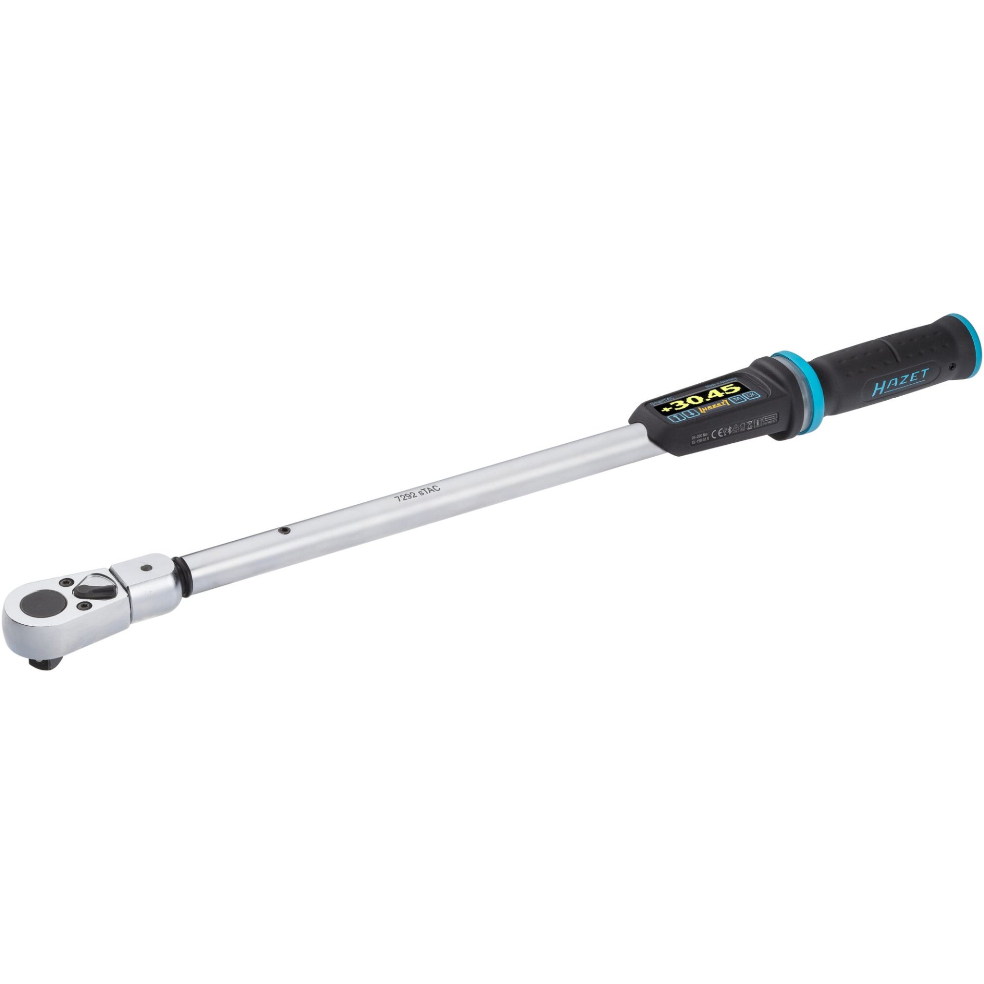 HAZET Electronic torque wrench with built-in angle gauge 7292-2STACCAL ∙ Torque range min-max: 20 – 200 Nm ∙ lbf min-max: 15 – 150 lbf.ft∙ Accuracy: 1% ∙ 14 x 18 mm insert square, 1/2 inch (12.5 mm) square, solid ∙ 520 mm