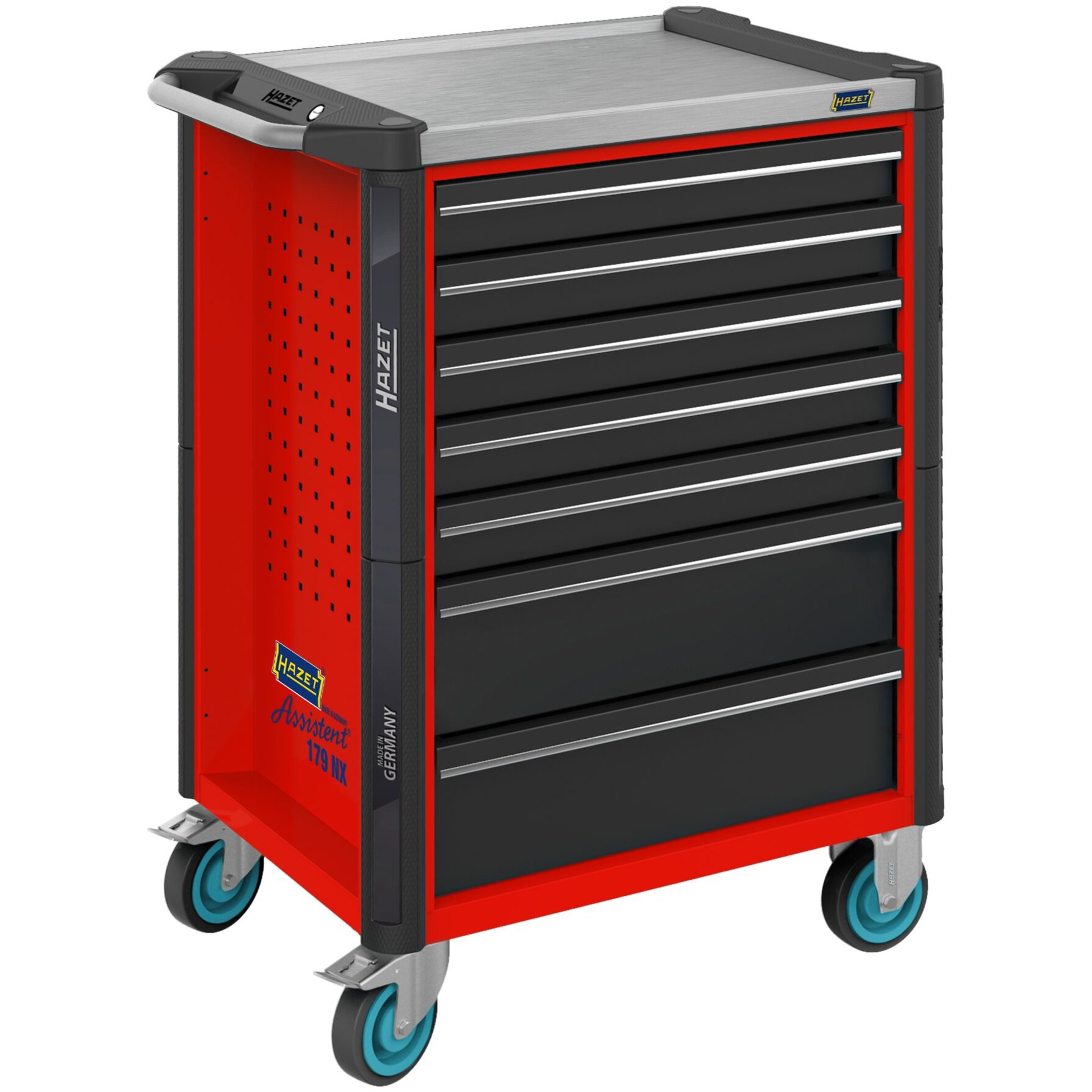 HAZET Werkstattwagen Assistent 179NX-7-RAL3020 ∙ 785 mm x 518 mm x 1020 mm ∙ Schubladen, flach: 5× 81 x 522 x 398 mm ∙ Schubladen, hoch: 2× 166 x 522 x 398 mm