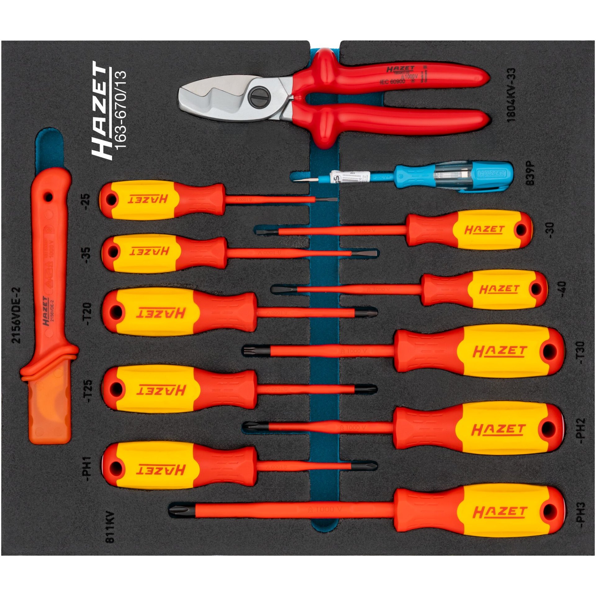 HAZET Schraubendreher-Satz ∙ schutzisoliert 163-670/13 ∙ Kreuzschlitz Profil PH, Innen TORX® Profil, Schlitz Profil ∙ 13-teilig ∙ 0,4 x 2,5 – 0,8 x 4 ∙ PH1 – PH2 ∙ T20 – T30
