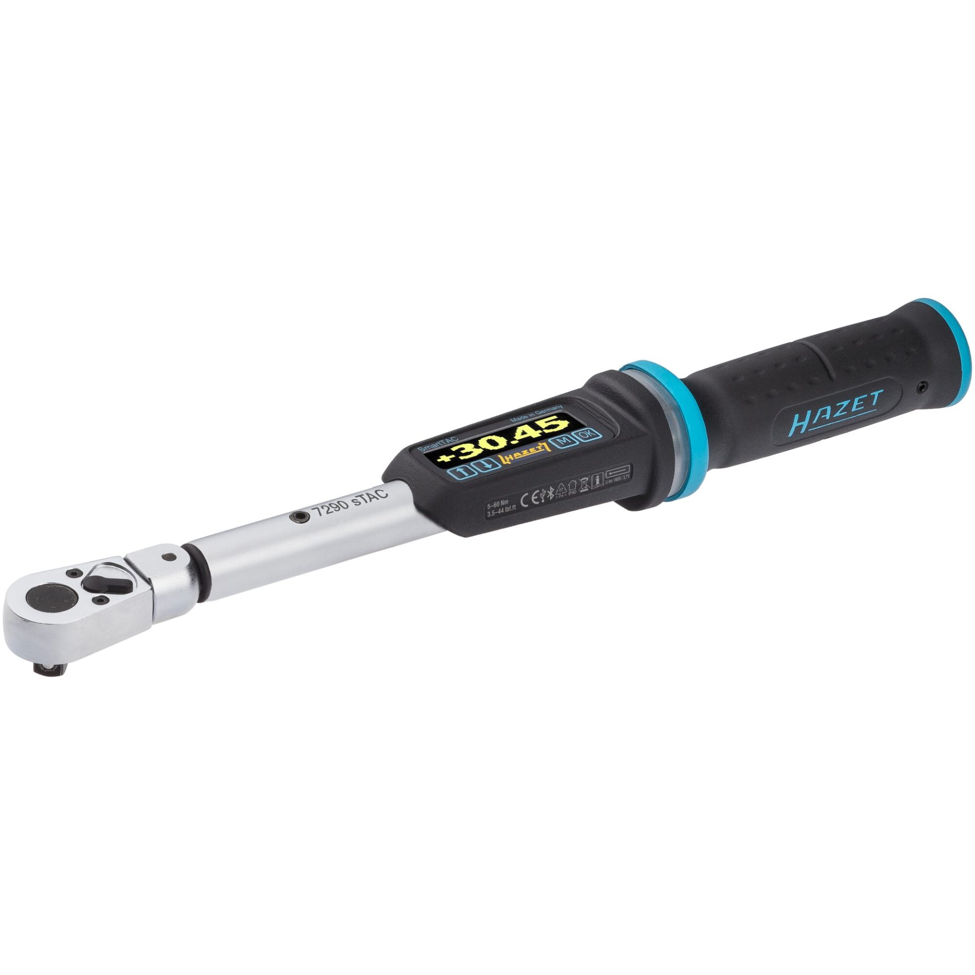 HAZET Elektronischer Drehmoment- und Drehwinkelschlüssel 7290-2STACCAL ∙ Drehmomentbereich min-max: 5 – 60 Nm ∙ lbf min-max: 3.5 – 44 lbf.ft  ∙ Genauigkeit: 1% ∙ 9 x 12 mm Einsteck-Vierkant hohl, 3/8 Zoll (10 mm) Vierkant massiv ∙ Länge: 302 mm