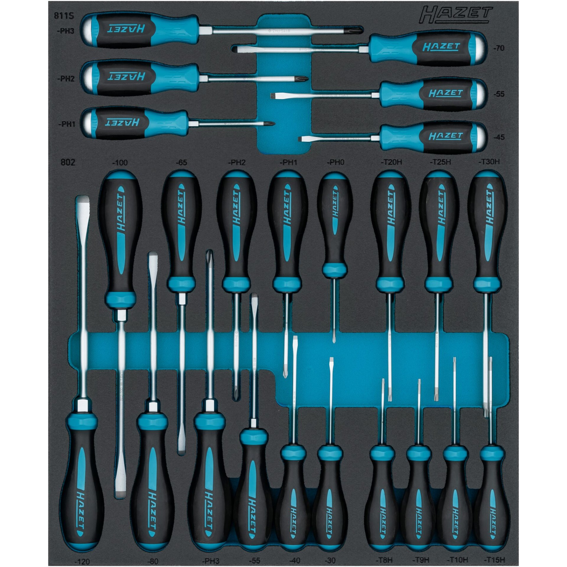 HAZET Schraubendreher-Satz 163D-7/24N ∙ Kreuzschlitz Profil PH, Pozidriv Profil PZ, Schlitz Profil, Tamper Resistant TORX® Profil ∙ 24-teilig ∙ PH0 – PH3 ∙ T8H – T30H
