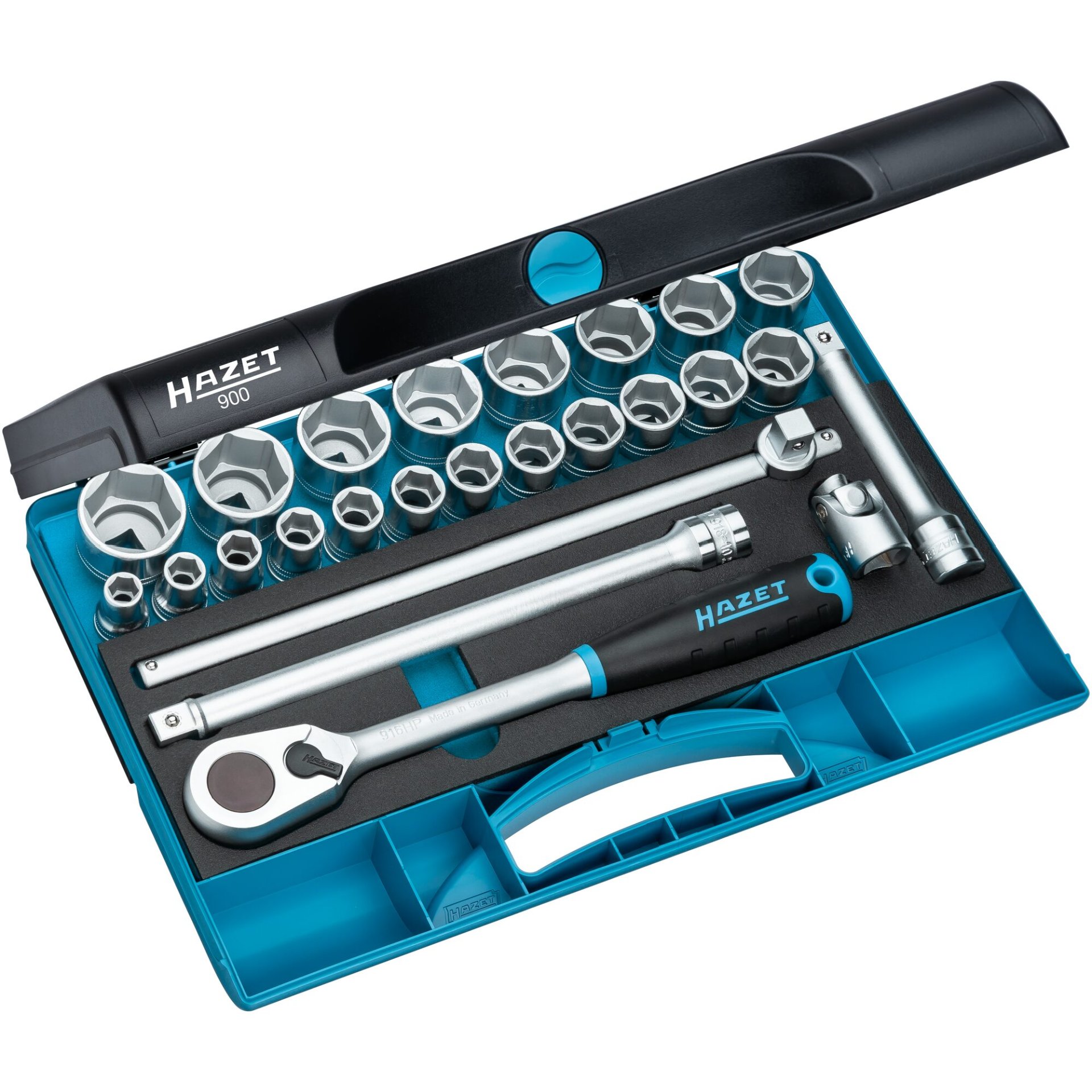HAZET Steckschlüssel-Satz 900 ∙ 1/2 Zoll (12,5 mm) Vierkant hohl ∙ Außen-Tractionsprofil Sechskant ∙ 25-teilig ∙ 10 – 32