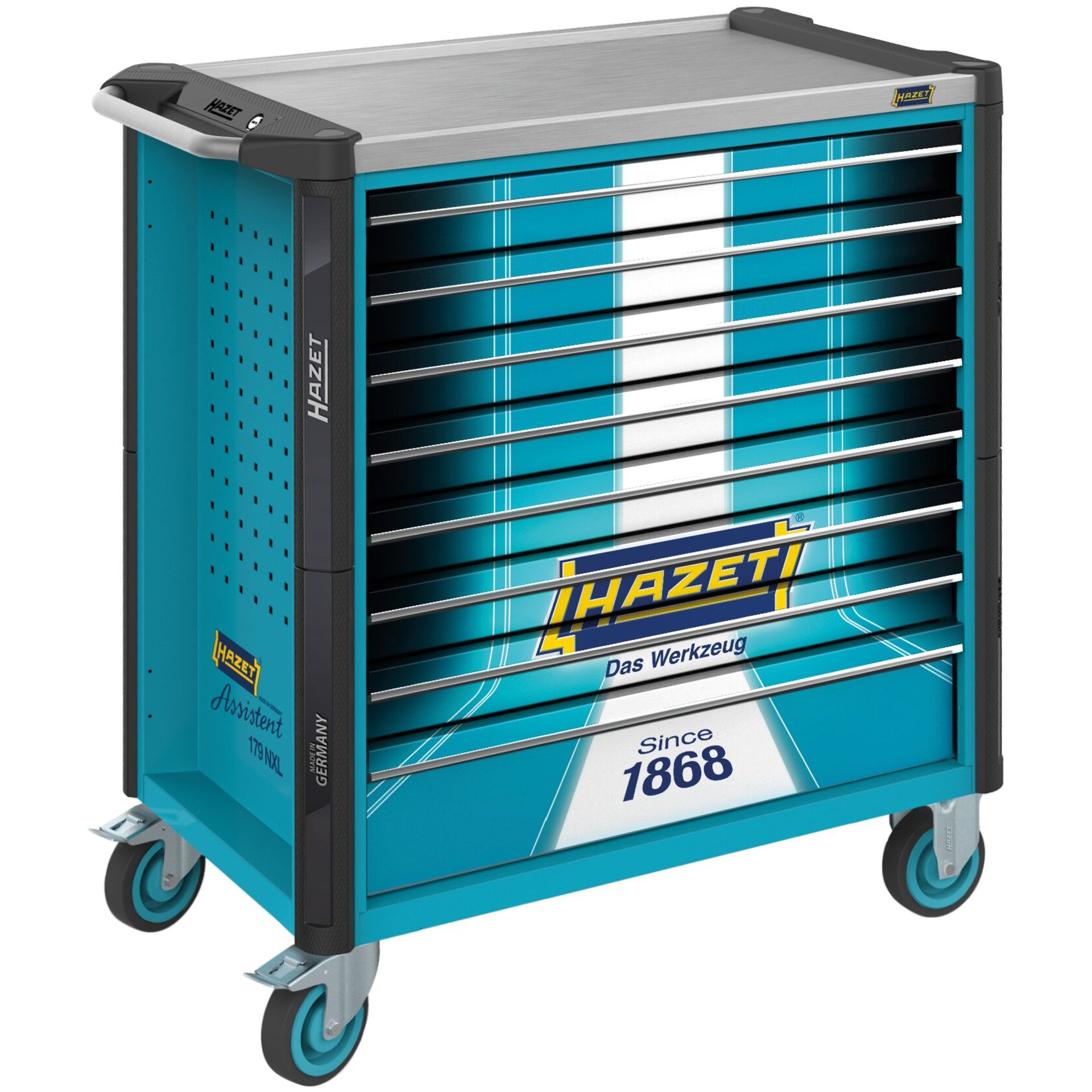 HAZET Werkstattwagen Assistent 179NXL ∙ einzeln 179NXL-8S1 ∙ L x B x H: 959 mm x 518 mm x 1020 mm ∙ Schubladen, flach: 7× 81 x 696 x 398 mm ∙ Schubladen, hoch: 1× 166 x 696 x 398 mm
