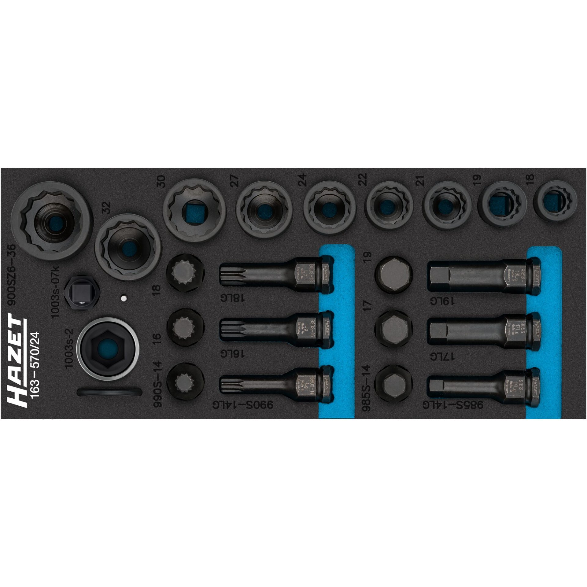 HAZET Jeu de douilles à chocs 163-570/24 ∙ Carré creux 1/2 pouce (12,5 mm) ∙ Profil Traction à 12 pans extérieurs, Profil à 6 pans intérieurs, Profil denture multiple intérieur XZN ∙ 19 – 36 ∙ Nombre d'outils : 24