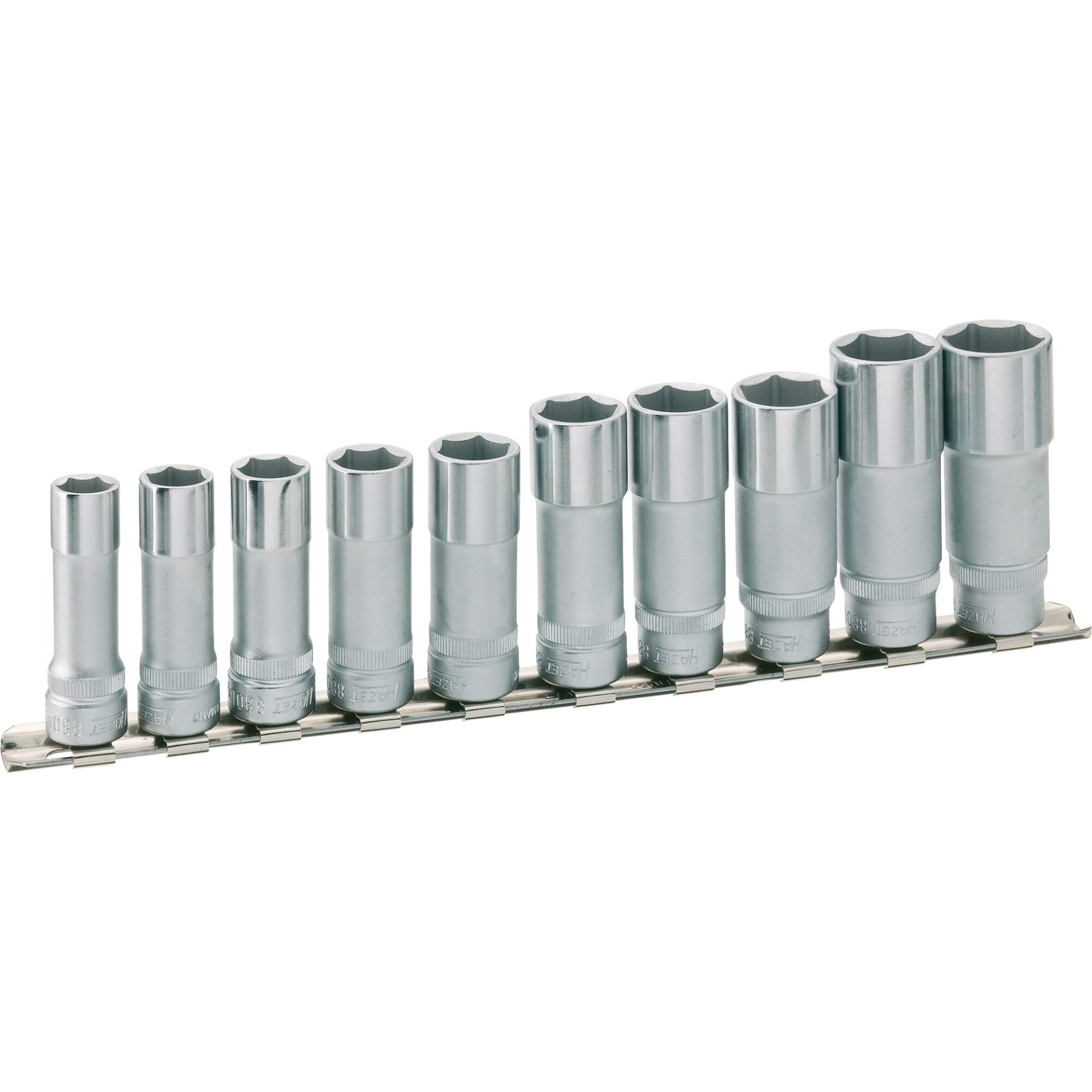 HAZET Steckschlüssel Satz ∙ Sechskant 880LG/10H ∙ 3/8 Zoll (10 mm) Vierkant hohl ∙ Außen Sechskant-Tractionsprofil ∙ 10 – 19 ∙ Anzahl Werkzeuge: 10
