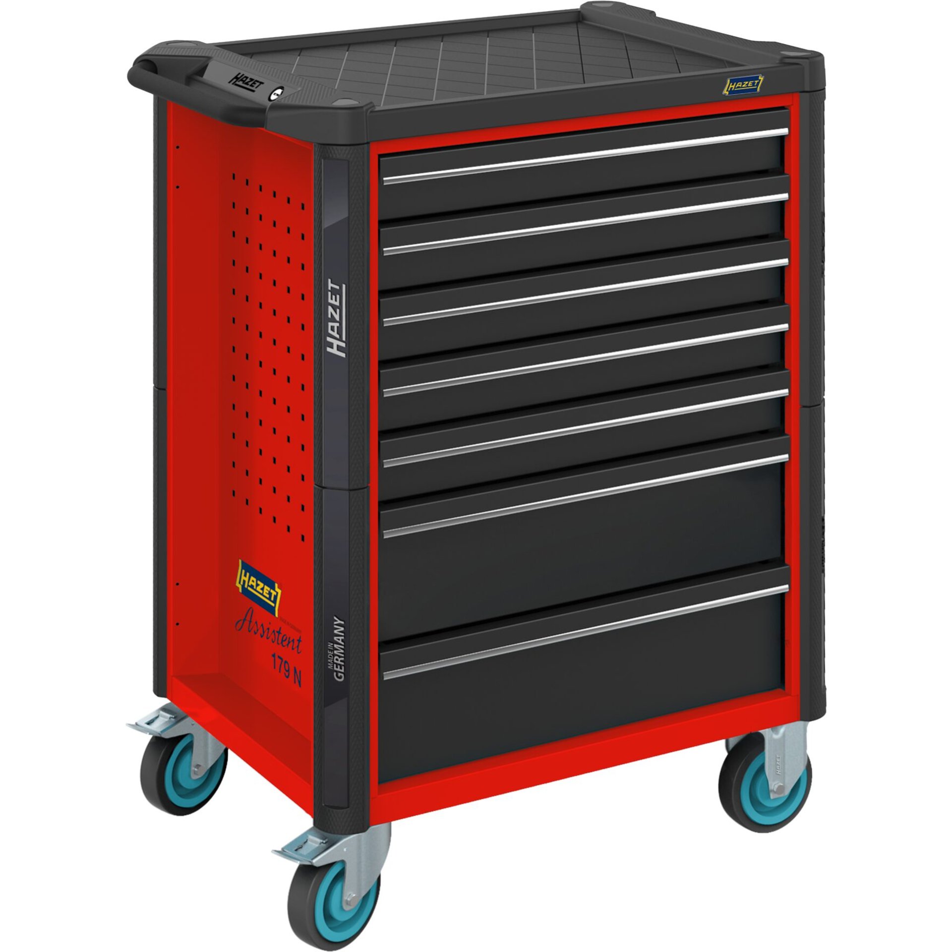 HAZET Werkstattwagen Assistent 179N-7-RAL3020 ∙ 785 mm x 518 mm x 1020 mm ∙ Schubladen, flach: 5× 81 x 522 x 398 mm ∙ Schubladen, hoch: 2× 166 x 522 x 398 mm