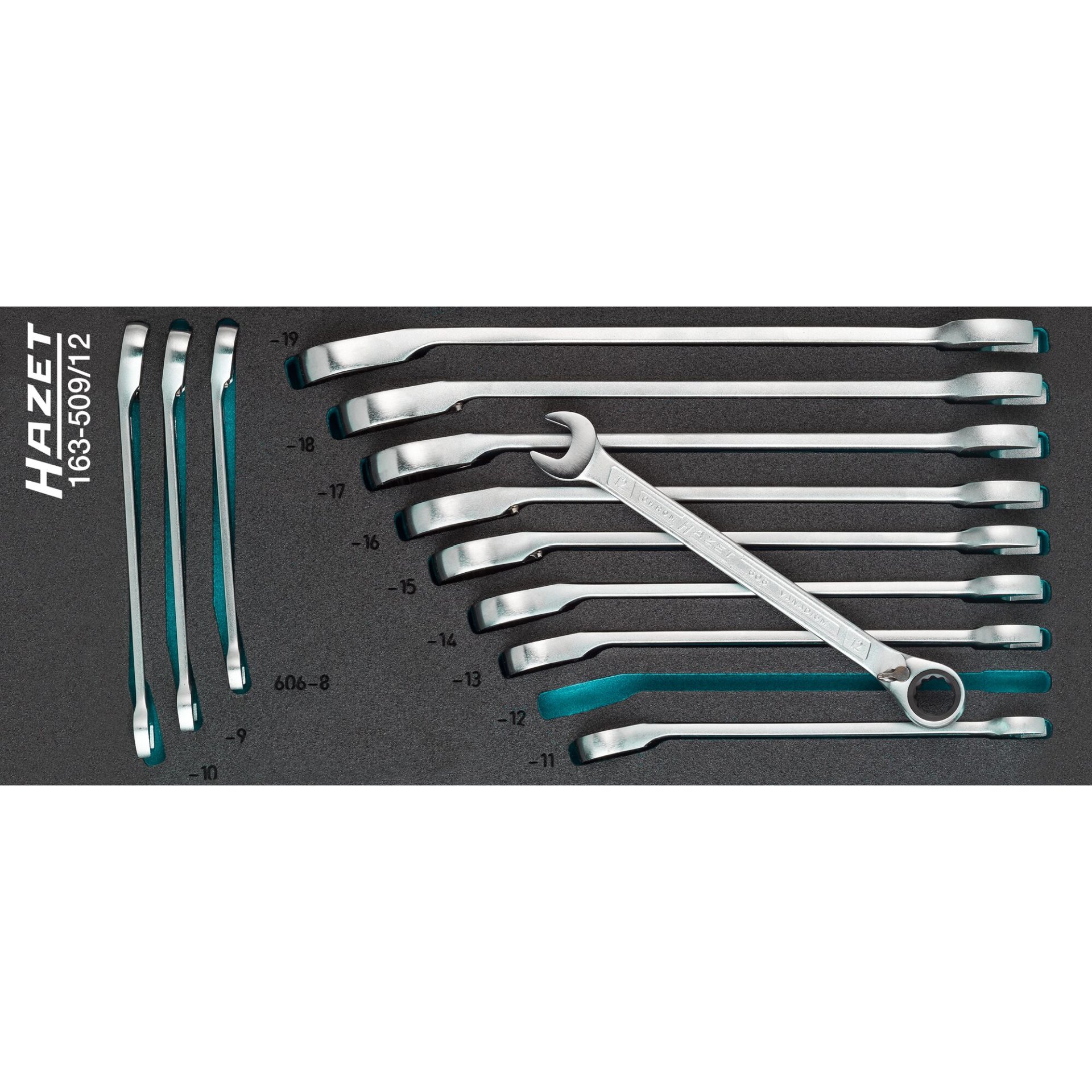HAZET Jeu de clés mixtes à cliquet 163-509/12 ∙ Profil Traction à 12 pans extérieurs ∙ 8 ∙ 9 ∙ 10 ∙ 11 ∙ 12 ∙ 13 ∙ 14 ∙ 15 ∙ 16 ∙ 17 ∙ 18 ∙ 19 ∙ Nombre d'outils : 12