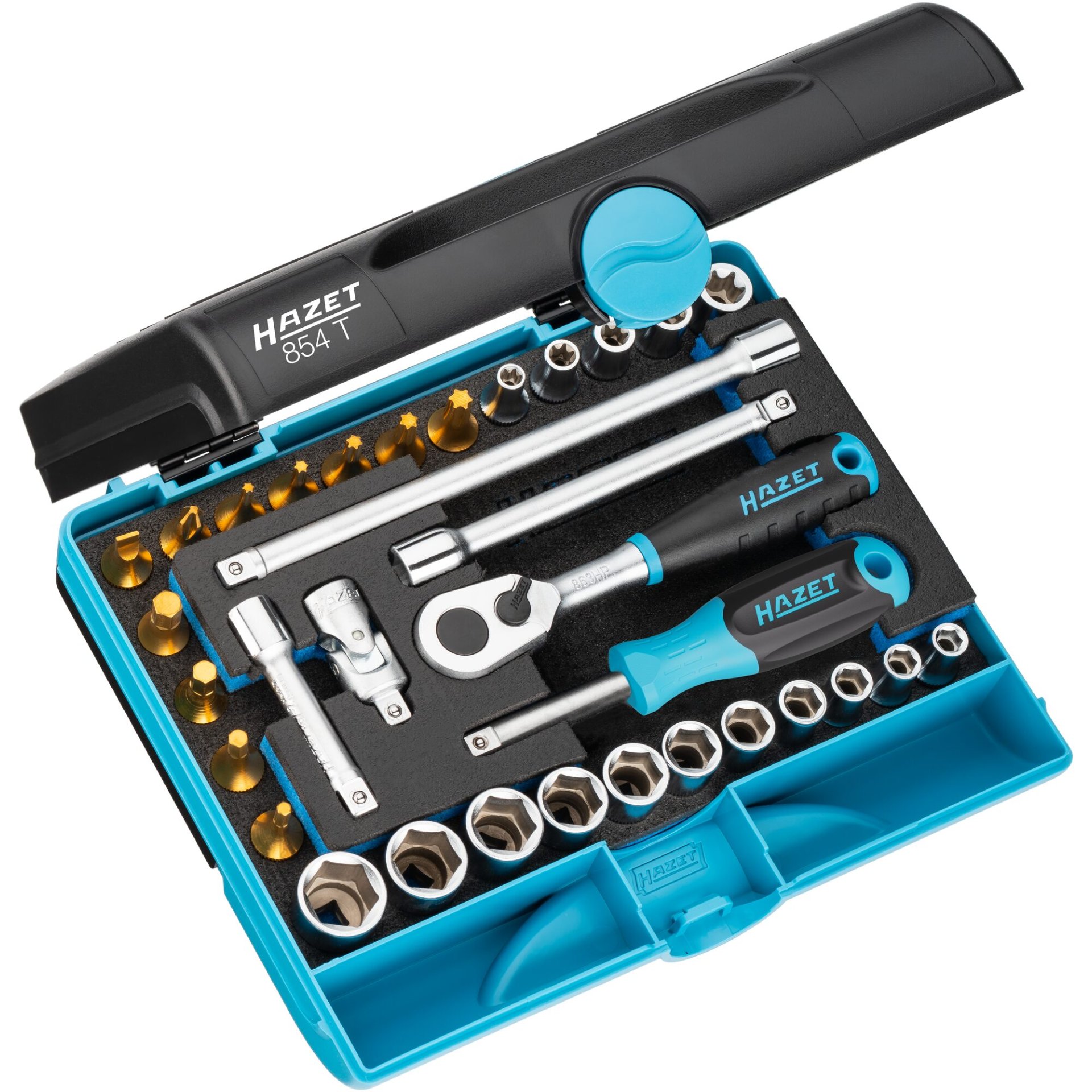 HAZET Steckschlüssel Satz 854T ∙ 1/4 Zoll (6,3 mm) Vierkant hohl ∙ Außen Sechskant-Tractionsprofil, Außen TORX® Profil, Innen TORX® Profil, Schlitz Profil, Kreuzschlitz Profil PH, Innen Sechskant Profil ∙ 1 x 5,5 ∙ 3 – 14 ∙ E5 – E10 ∙ PH2 ∙ T10 – T30 ∙ Anzahl Werkzeuge: 33