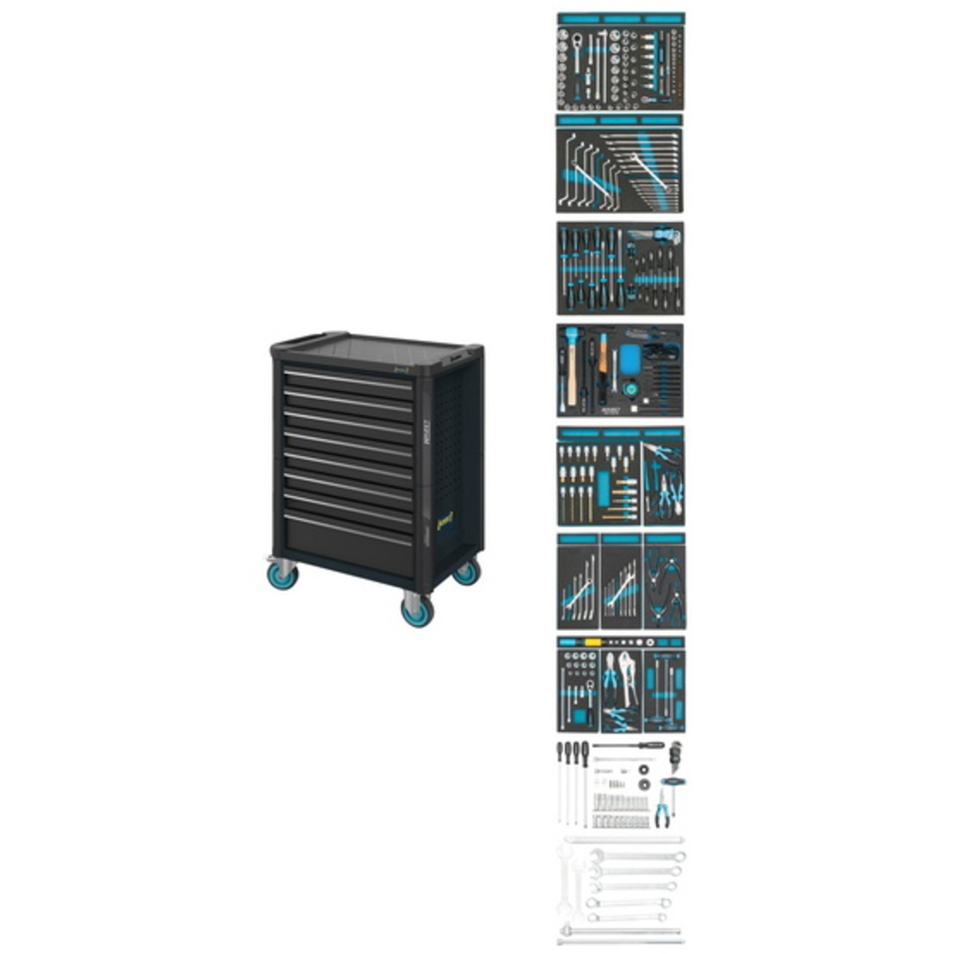 HAZET Werkstattwagen Assistent ∙ mit Sortiment 179N-8-RAL7021/300 ∙ 785 mm x 518 mm x 1020 mm ∙ Schubladen, flach: 7× 81 x 522 x 398 mm ∙ Schubladen, hoch: 1× 166 x 522 x 398 mm ∙ Anzahl Werkzeuge: 300