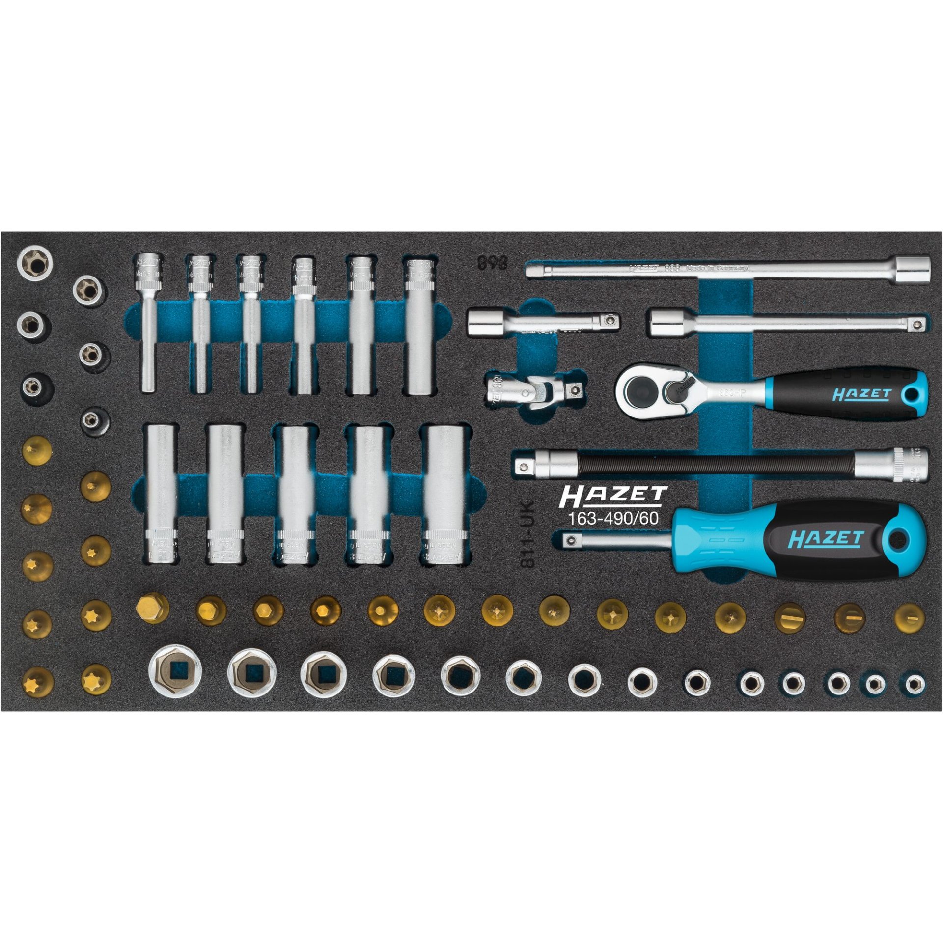 HAZET Jeu de clés à douilles 163-490/60 ∙ Carré creux 1/4 pouce (6,3 mm) ∙ Profil TORX® extérieur, Profil Traction à 6 pans extérieurs, Profil TORX® intérieur, Profil à 6 pans intérieurs, Profil Phillips PH, Profil Pozidriv PZ, Profil à fente ∙ 0,8 x 4 ∙ 1,2 x 8 ∙ 3 – 14 ∙ E4 – E10 ∙ PH1 – PH3 ∙ PZ1 – PZ3 ∙ T8 – T40 ∙ Nombre d'outils : 60